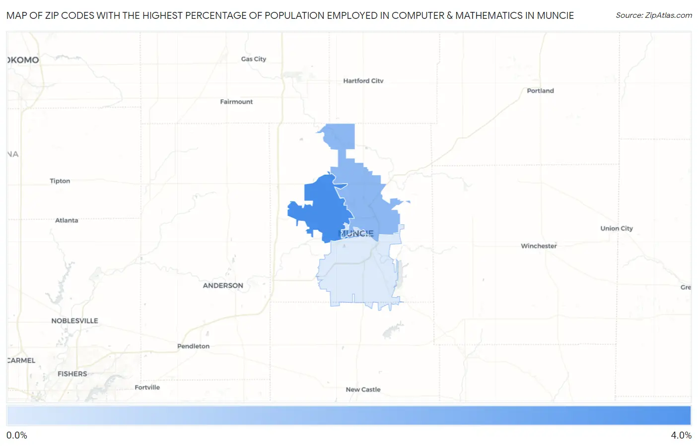 Zip Codes with the Highest Percentage of Population Employed in Computer & Mathematics in Muncie Map