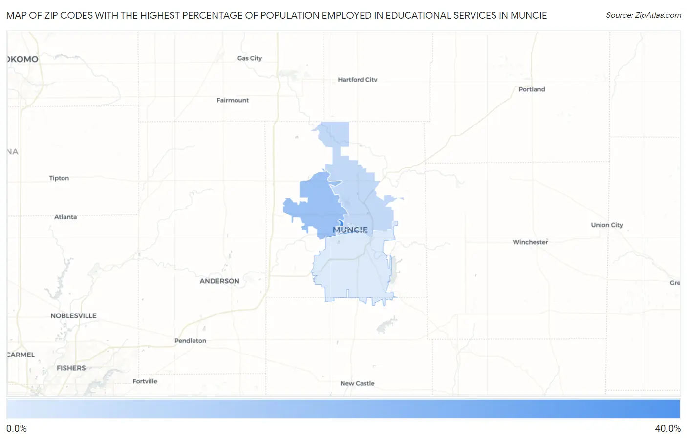 Zip Codes with the Highest Percentage of Population Employed in Educational Services in Muncie Map