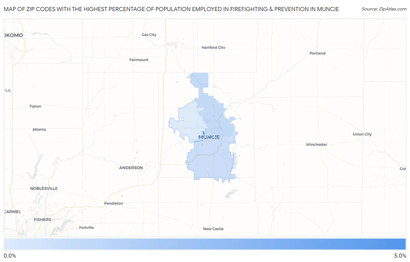 Zip Codes with the Highest Percentage of Population Employed in Firefighting & Prevention in Muncie Map