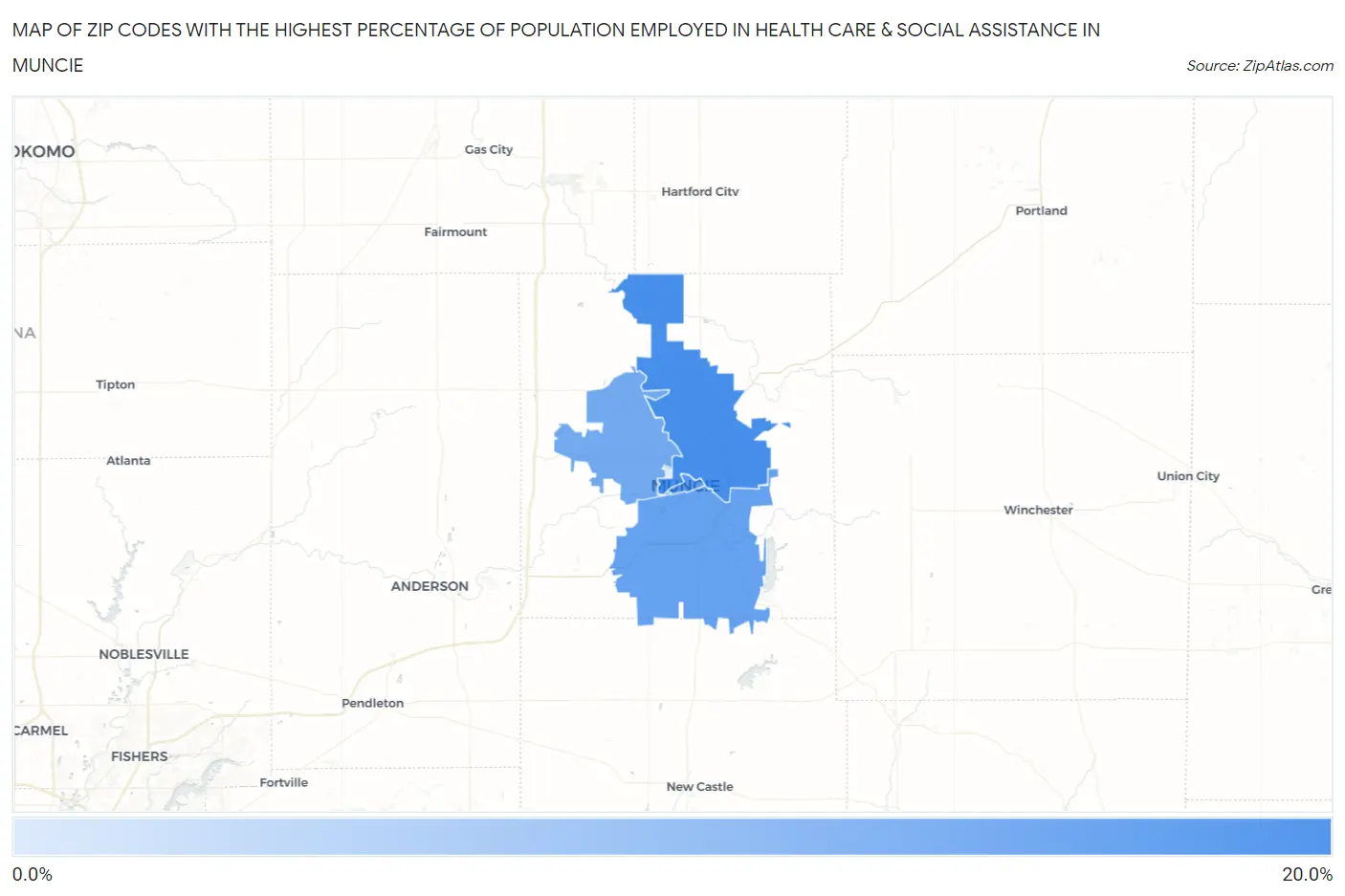 Zip Codes with the Highest Percentage of Population Employed in Health Care & Social Assistance in Muncie Map