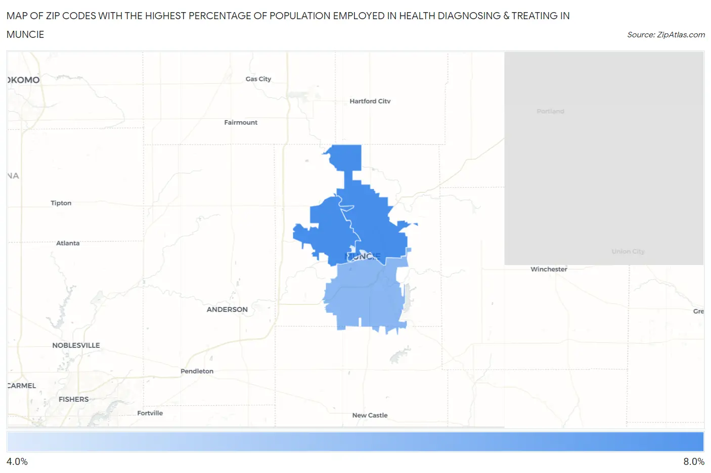 Zip Codes with the Highest Percentage of Population Employed in Health Diagnosing & Treating in Muncie Map