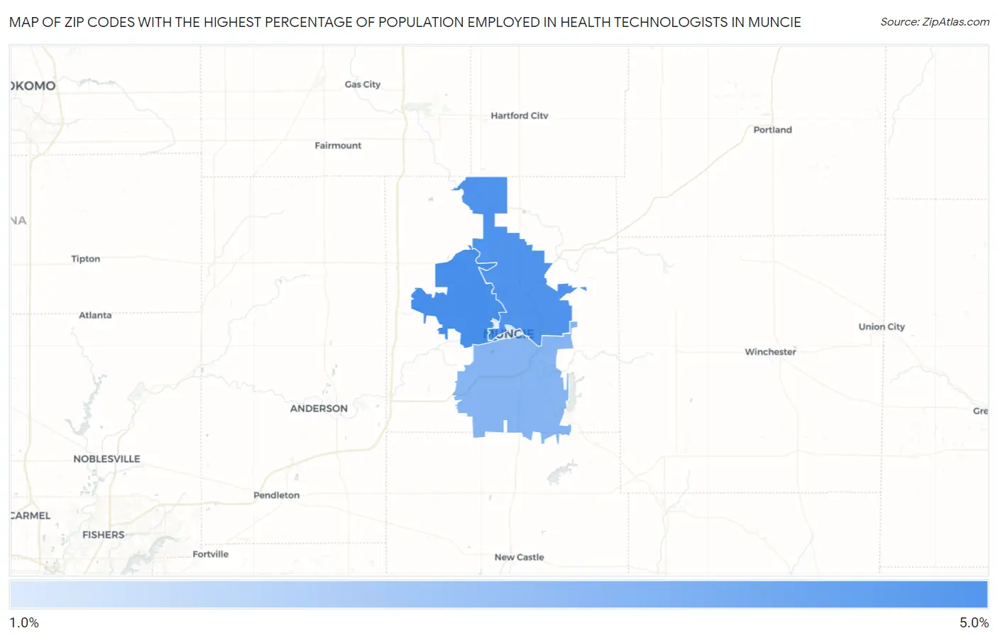 Zip Codes with the Highest Percentage of Population Employed in Health Technologists in Muncie Map