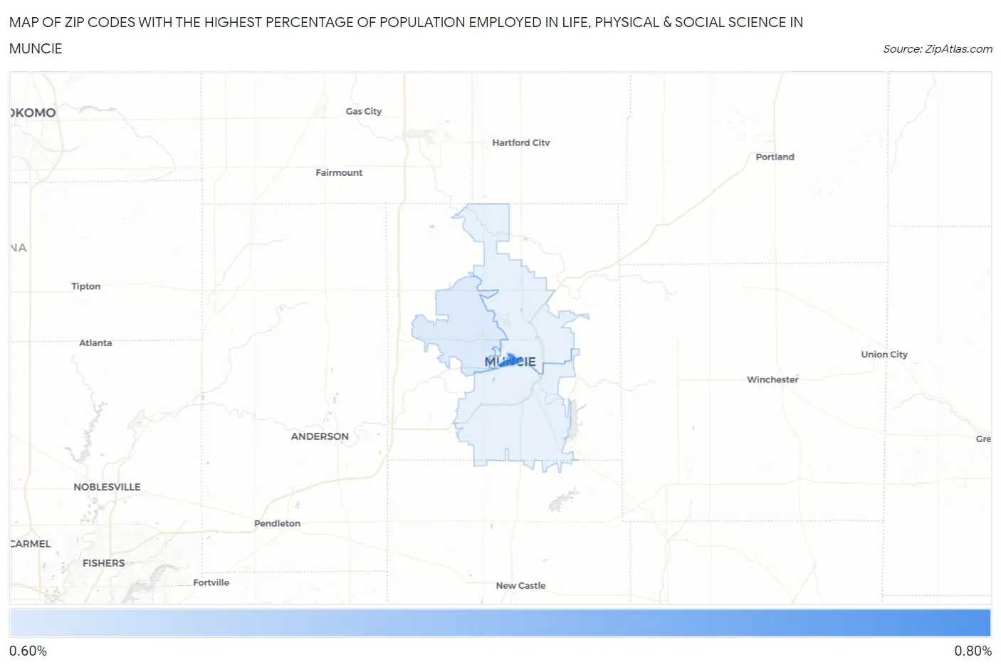 Zip Codes with the Highest Percentage of Population Employed in Life, Physical & Social Science in Muncie Map