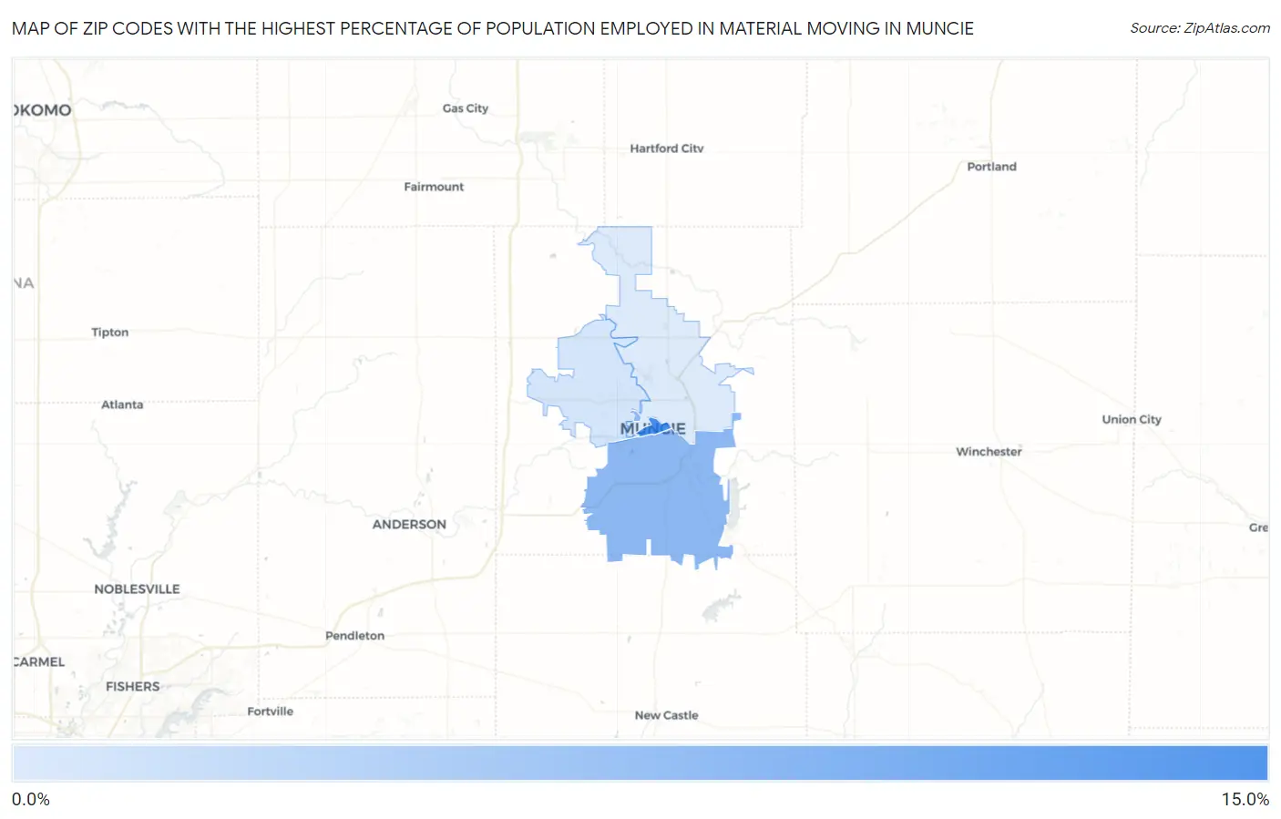 Zip Codes with the Highest Percentage of Population Employed in Material Moving in Muncie Map