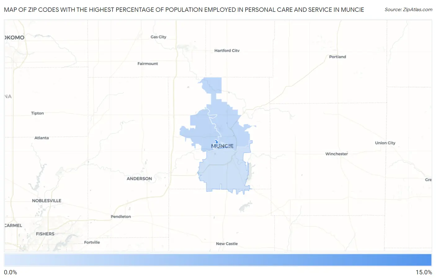 Zip Codes with the Highest Percentage of Population Employed in Personal Care and Service in Muncie Map
