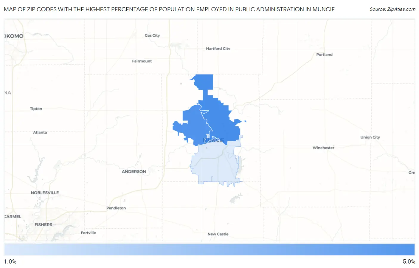 Zip Codes with the Highest Percentage of Population Employed in Public Administration in Muncie Map