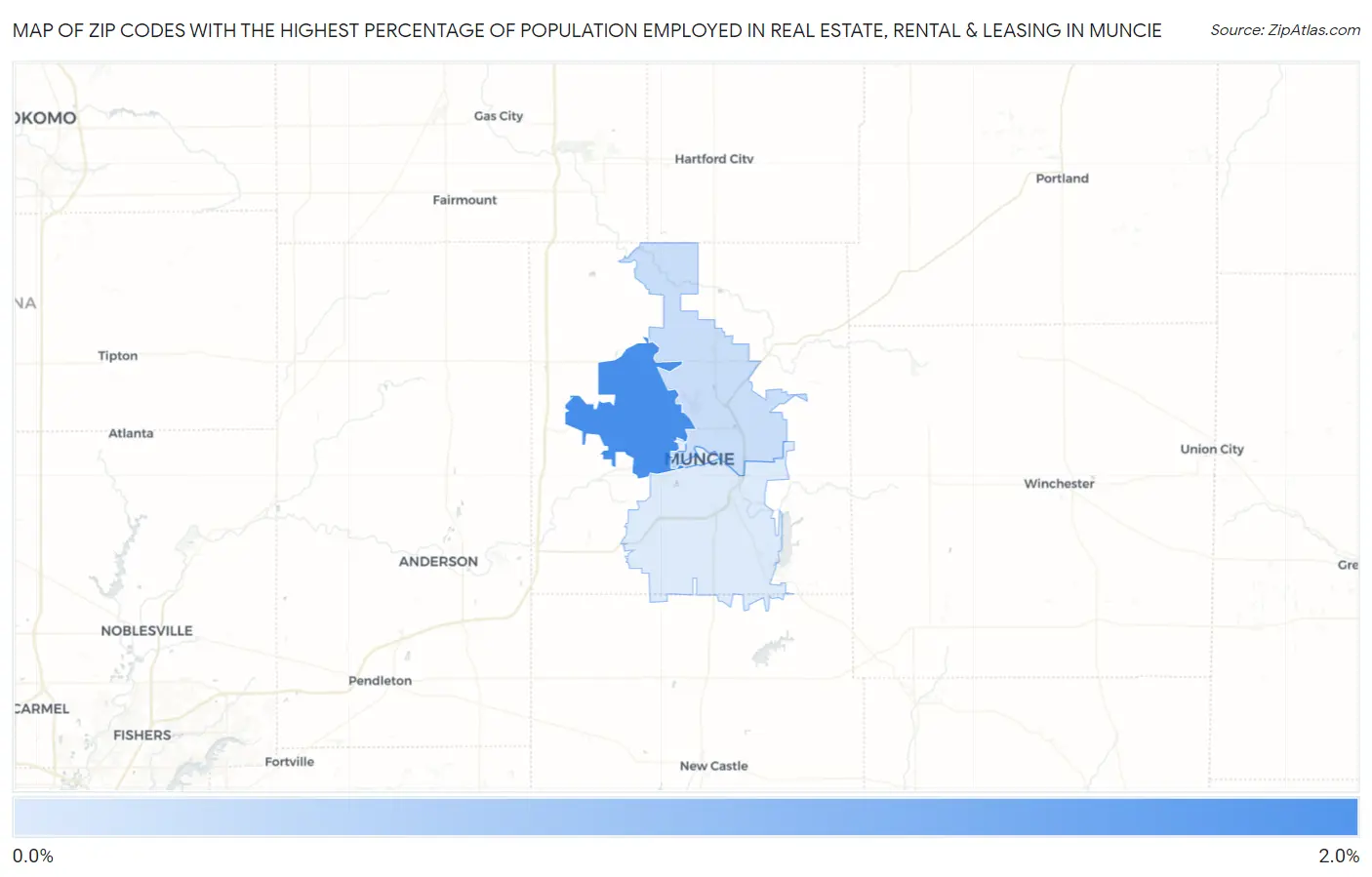 Zip Codes with the Highest Percentage of Population Employed in Real Estate, Rental & Leasing in Muncie Map