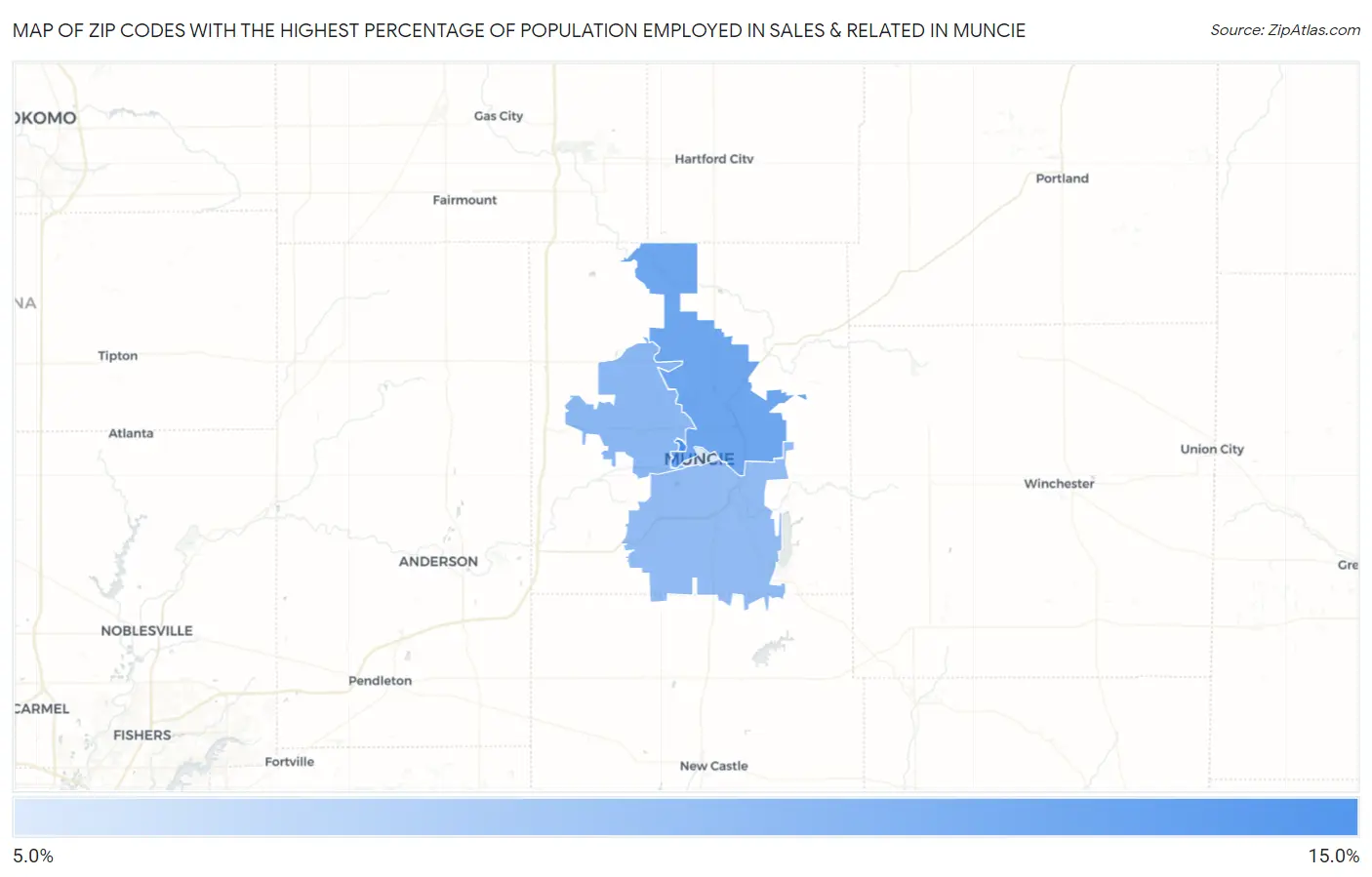 Zip Codes with the Highest Percentage of Population Employed in Sales & Related in Muncie Map