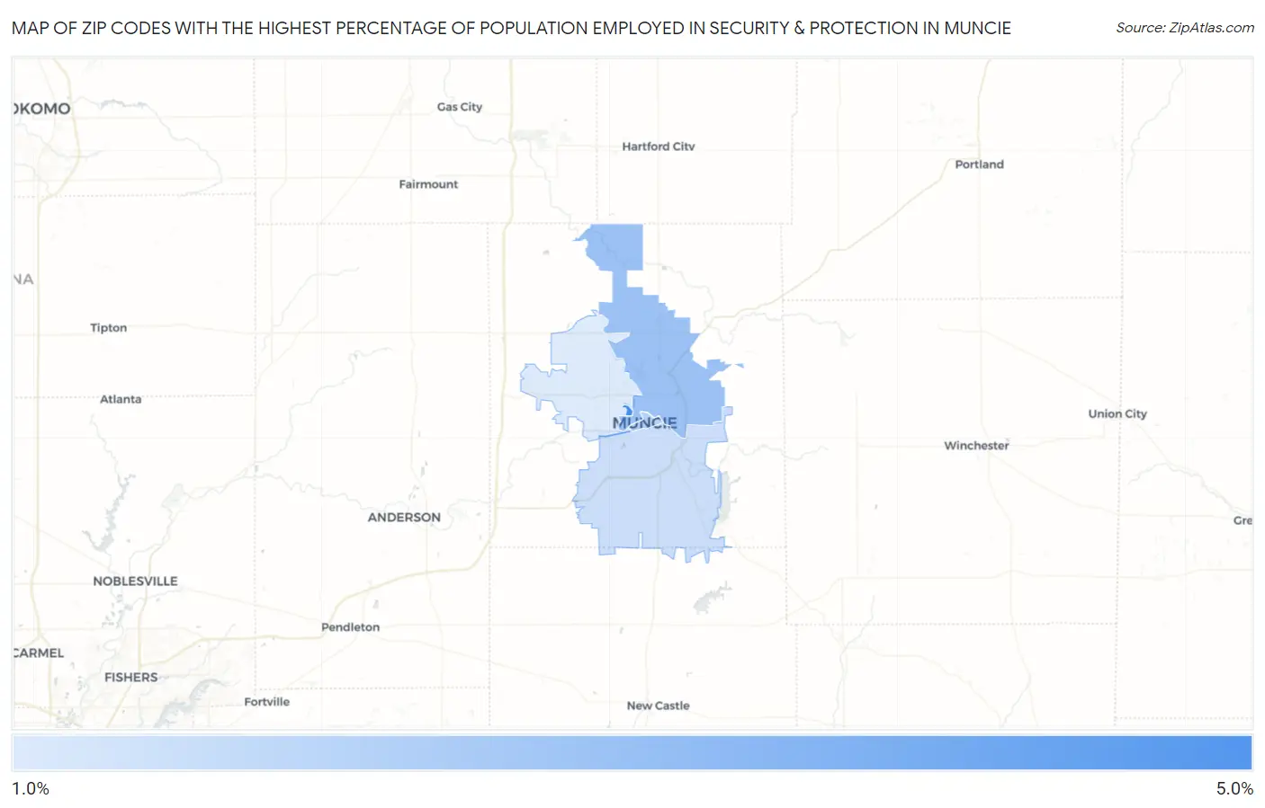 Zip Codes with the Highest Percentage of Population Employed in Security & Protection in Muncie Map