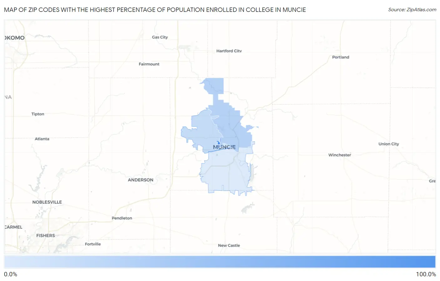 Zip Codes with the Highest Percentage of Population Enrolled in College in Muncie Map