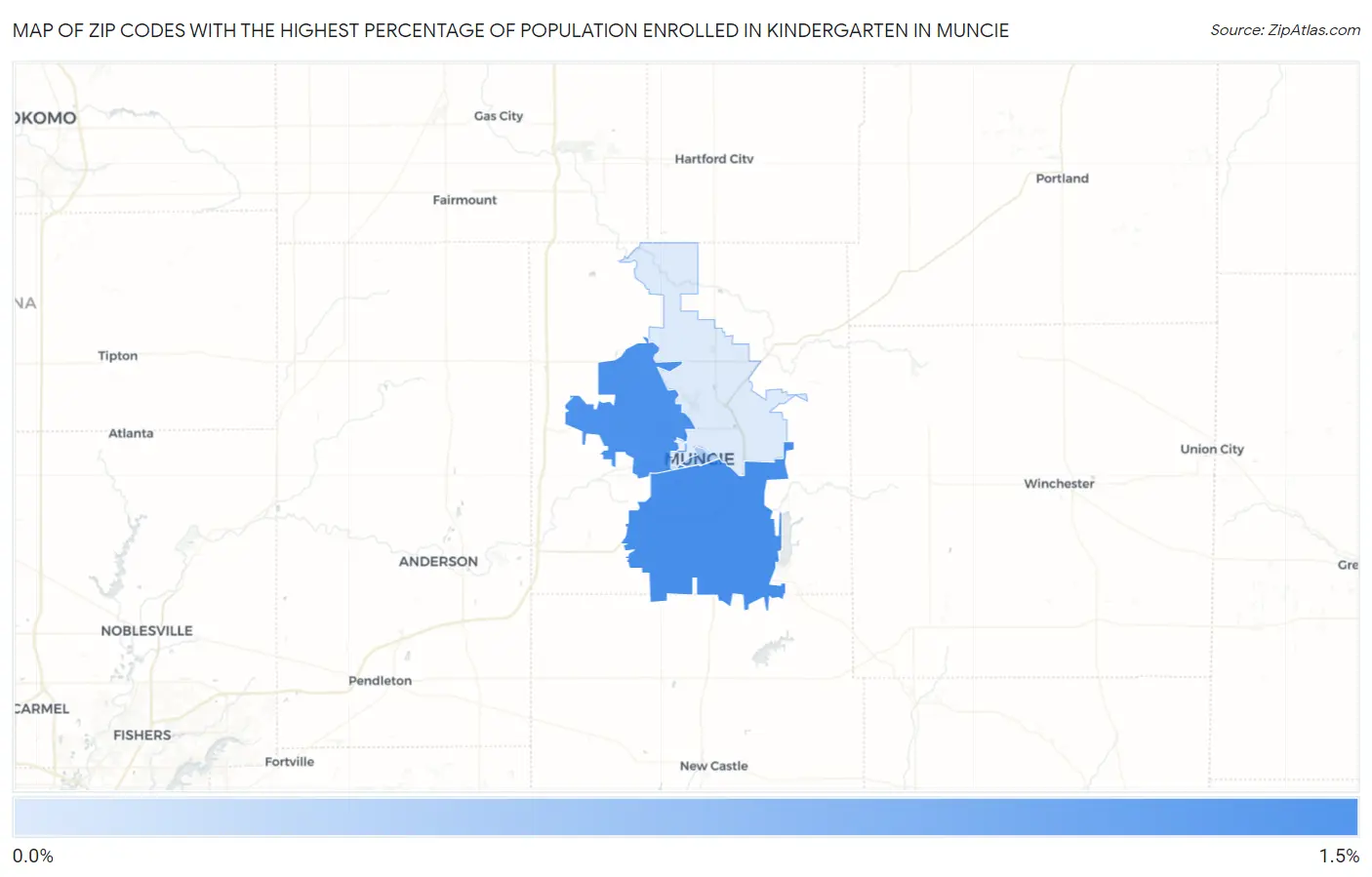Zip Codes with the Highest Percentage of Population Enrolled in Kindergarten in Muncie Map