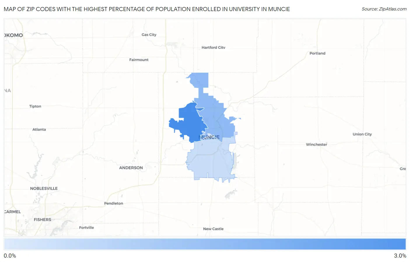 Zip Codes with the Highest Percentage of Population Enrolled in University in Muncie Map