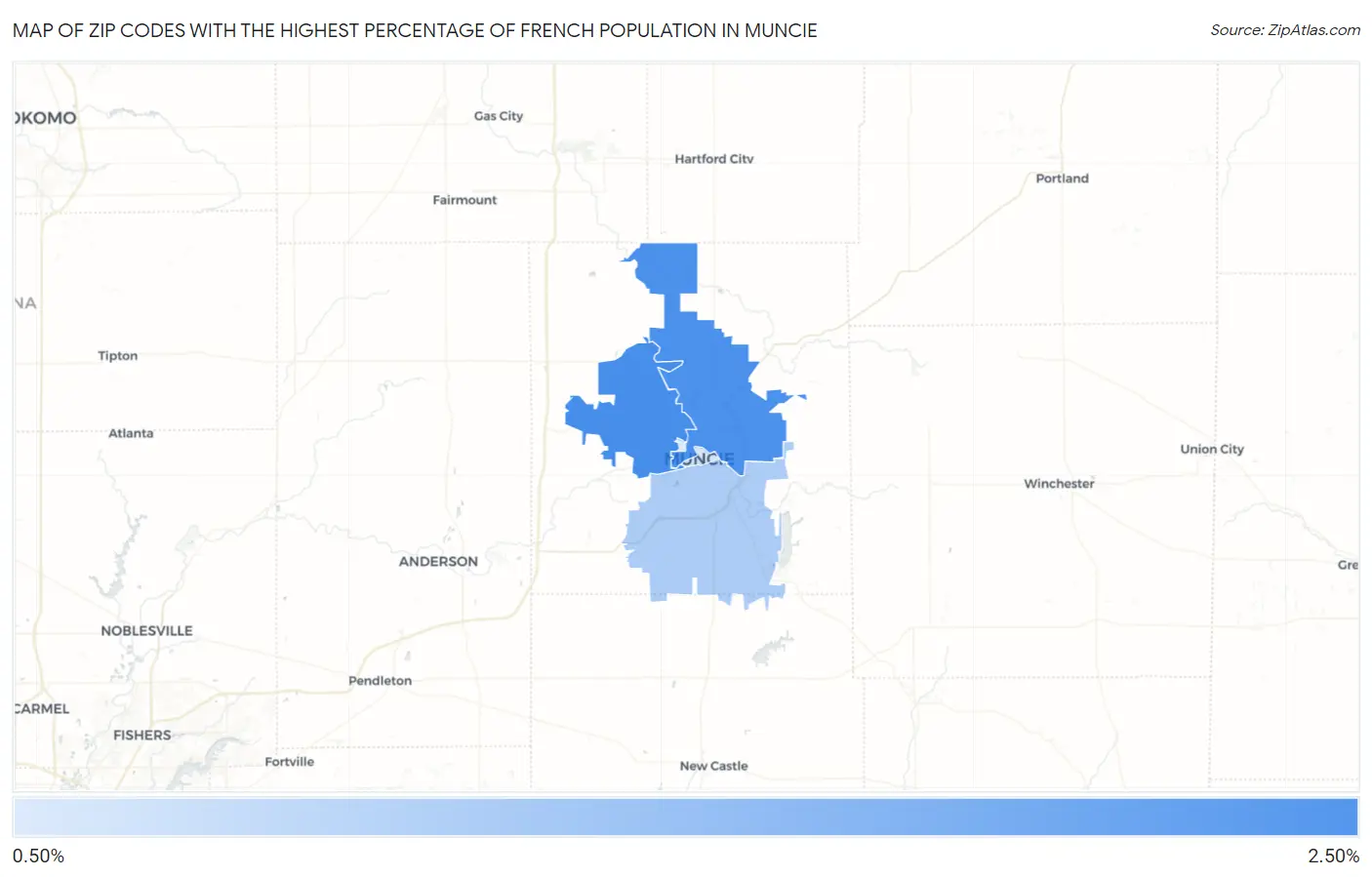 Zip Codes with the Highest Percentage of French Population in Muncie Map