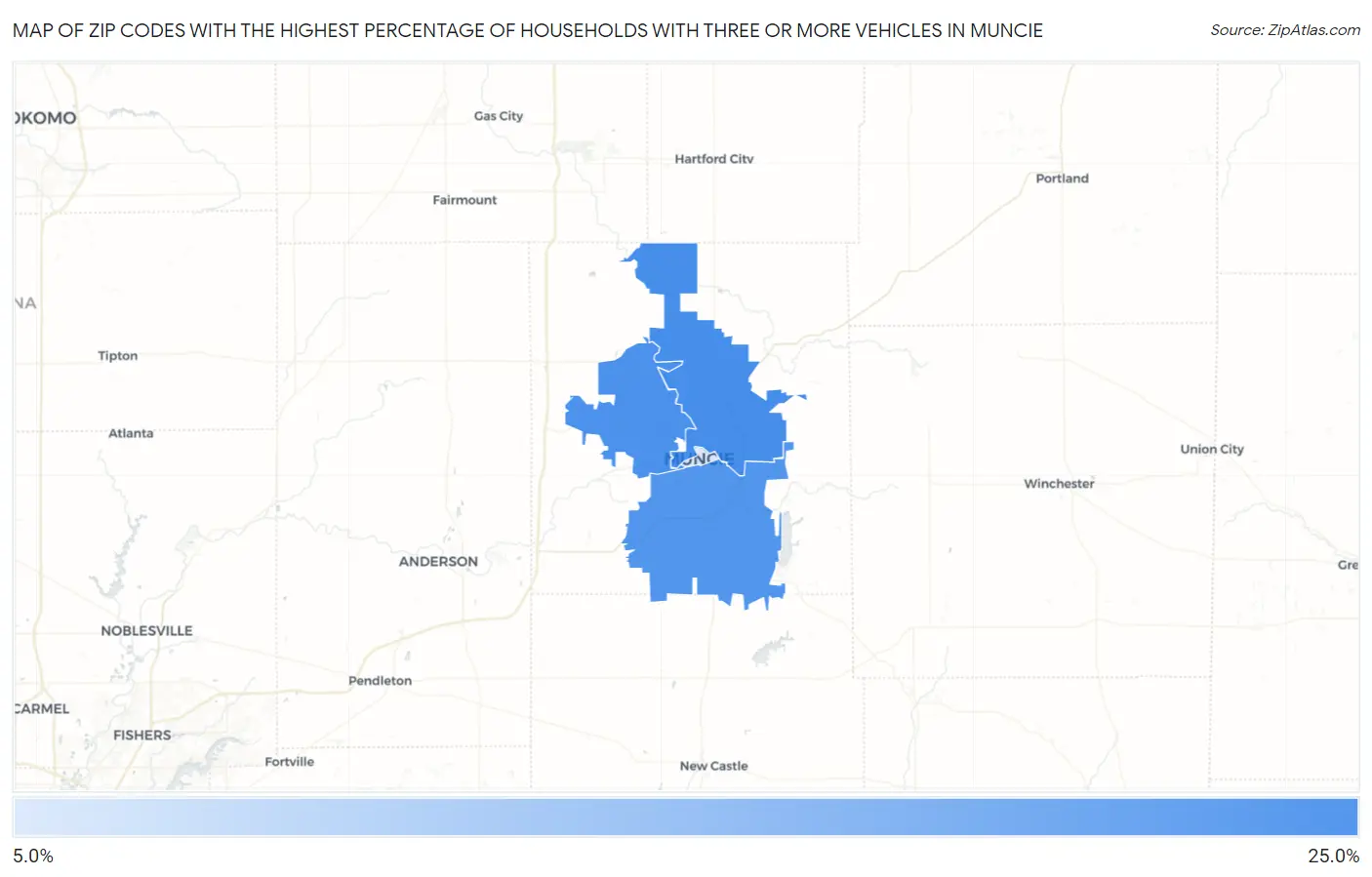 Zip Codes with the Highest Percentage of Households With Three or more Vehicles in Muncie Map