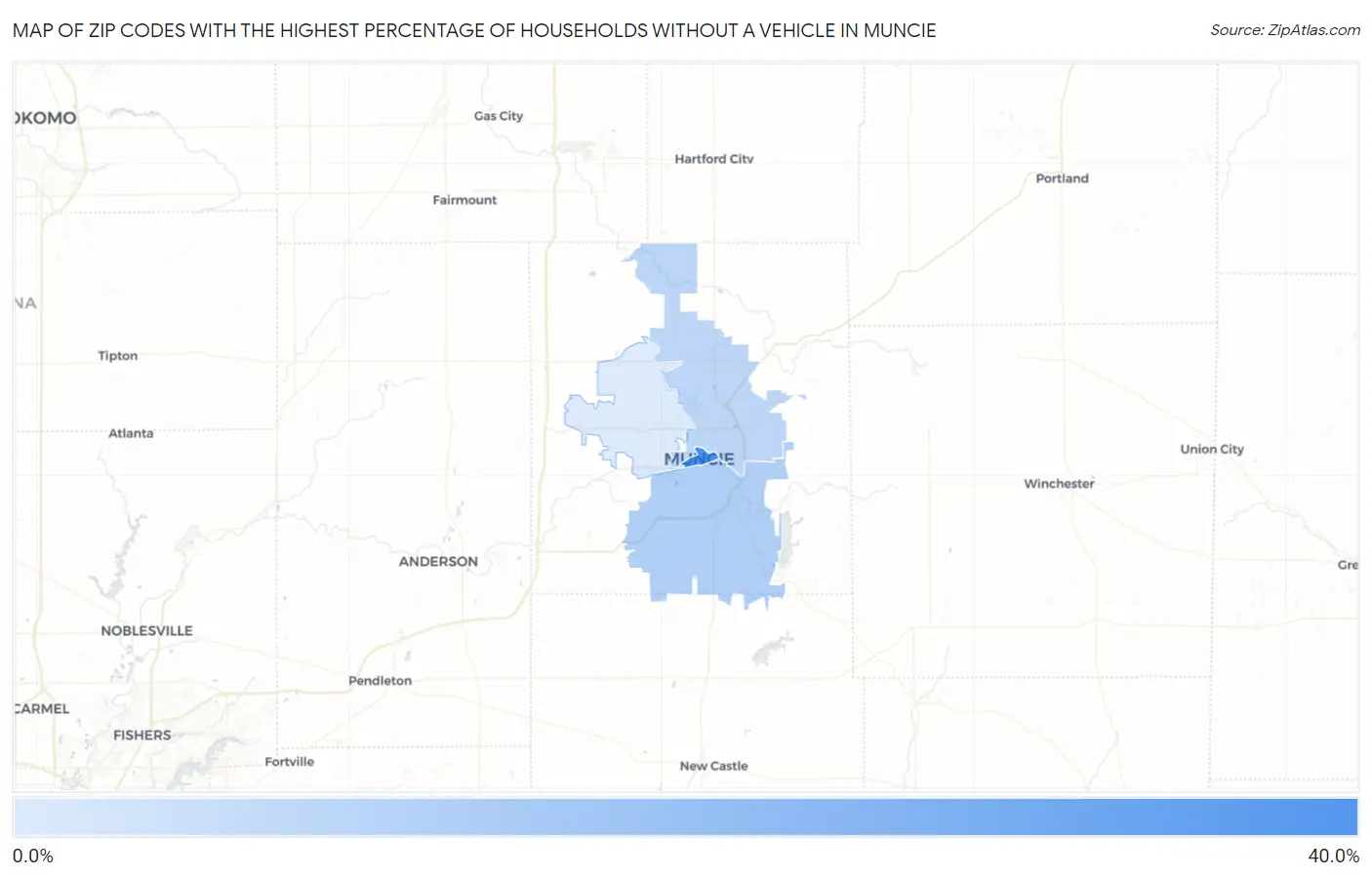 Zip Codes with the Highest Percentage of Households Without a Vehicle in Muncie Map