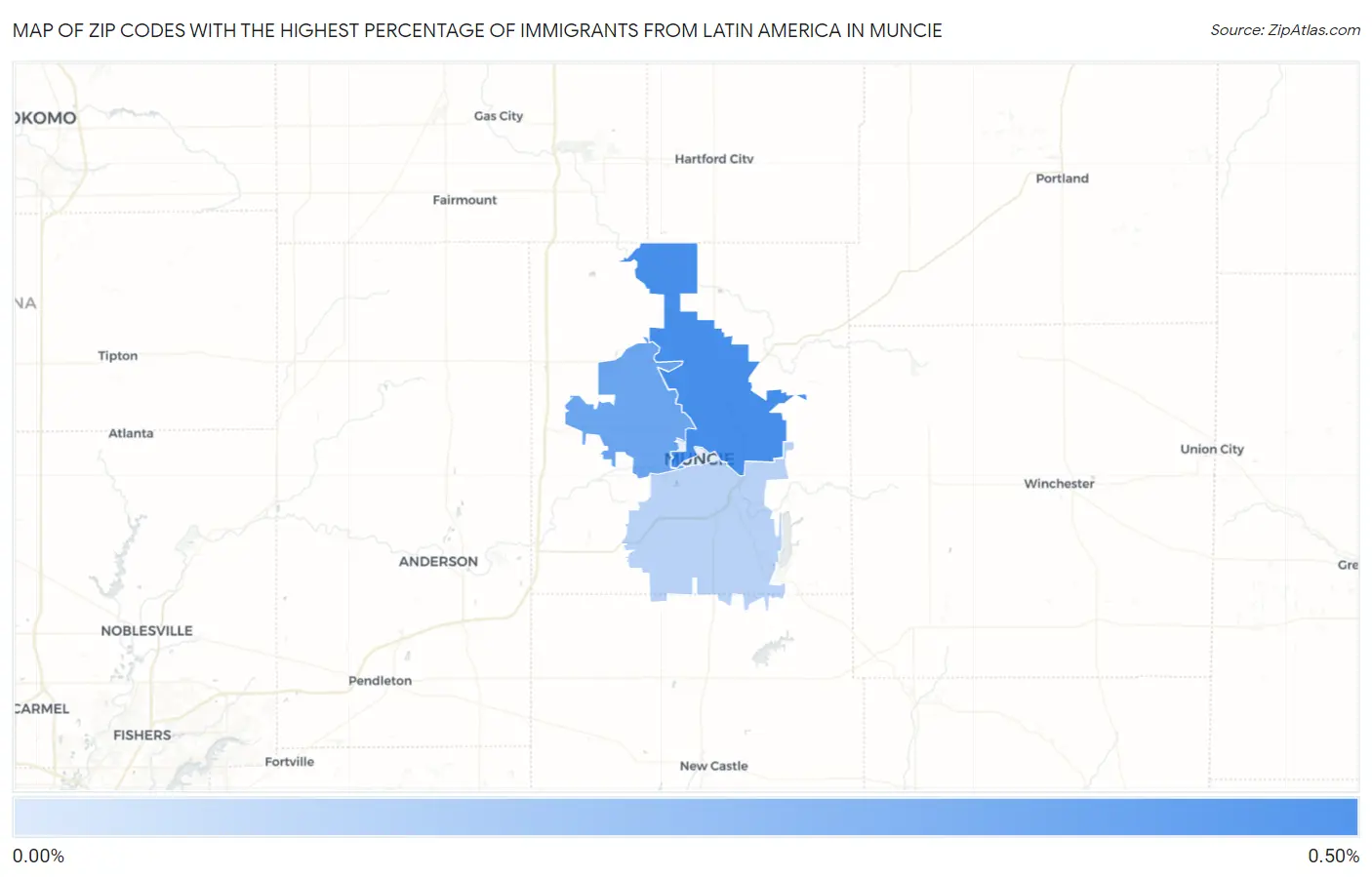 Zip Codes with the Highest Percentage of Immigrants from Latin America in Muncie Map