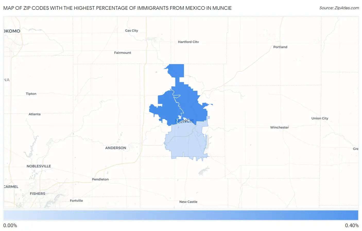 Zip Codes with the Highest Percentage of Immigrants from Mexico in Muncie Map