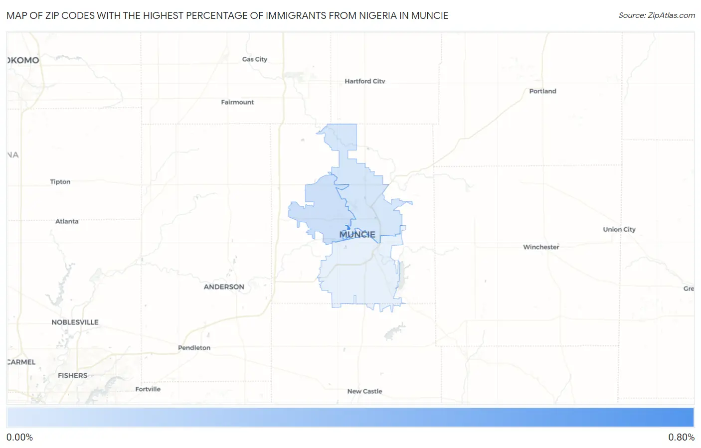 Zip Codes with the Highest Percentage of Immigrants from Nigeria in Muncie Map
