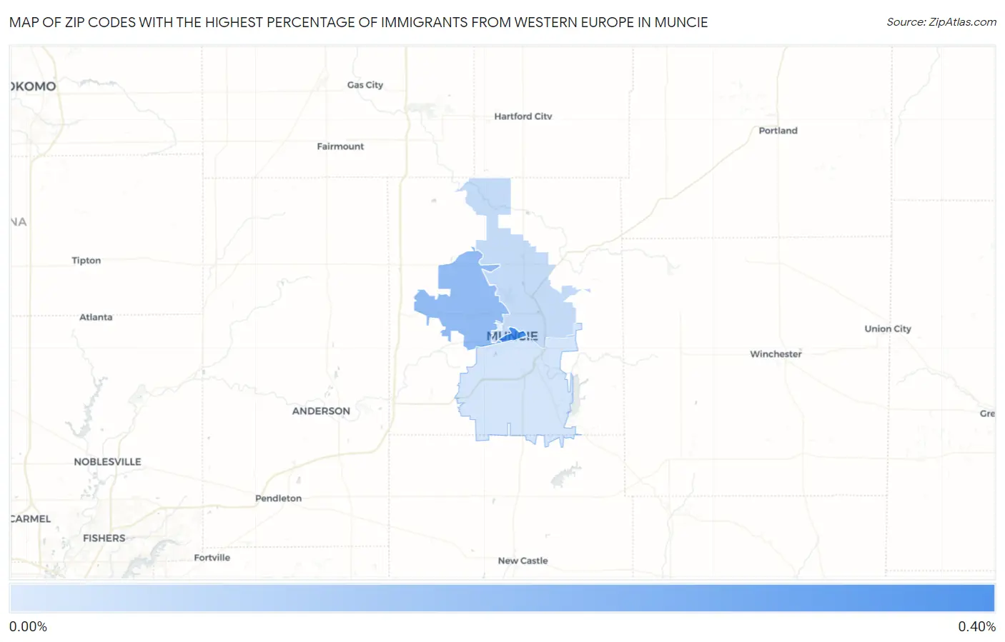 Zip Codes with the Highest Percentage of Immigrants from Western Europe in Muncie Map
