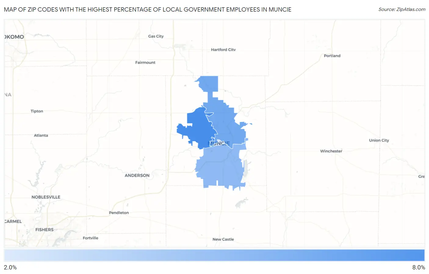 Zip Codes with the Highest Percentage of Local Government Employees in Muncie Map