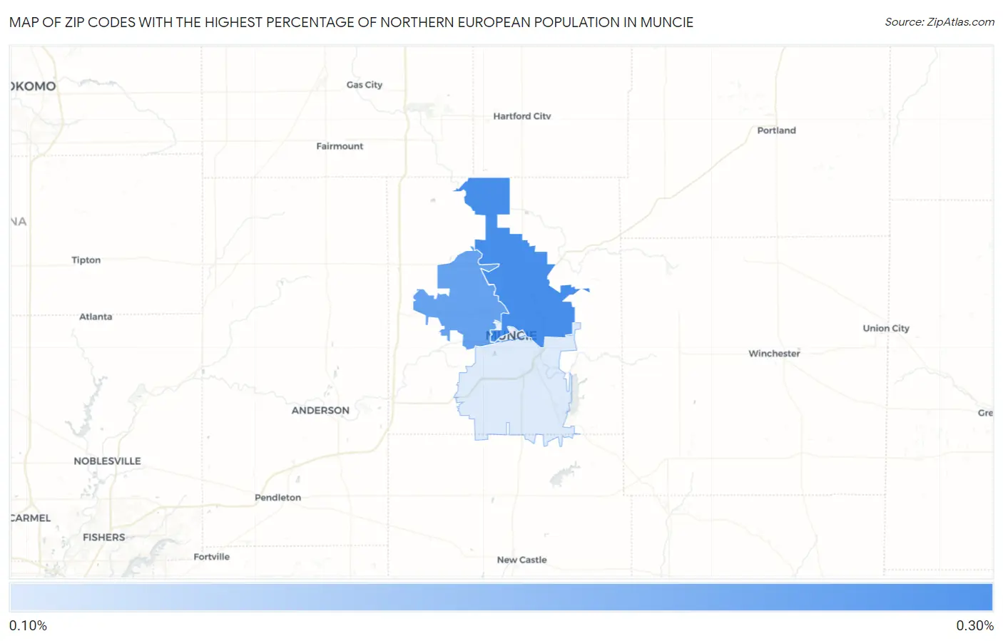 Zip Codes with the Highest Percentage of Northern European Population in Muncie Map
