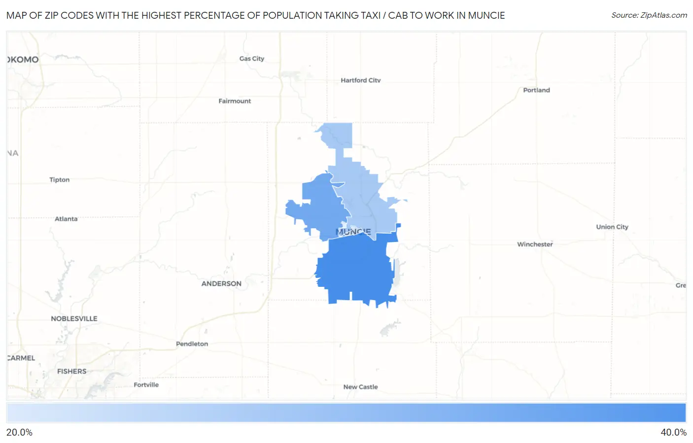 Zip Codes with the Highest Percentage of Population Taking Taxi / Cab to Work in Muncie Map