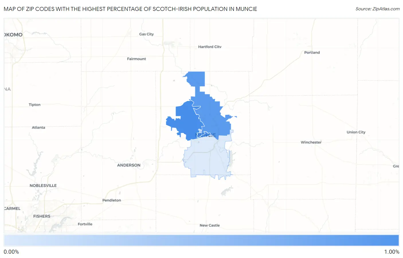 Zip Codes with the Highest Percentage of Scotch-Irish Population in Muncie Map