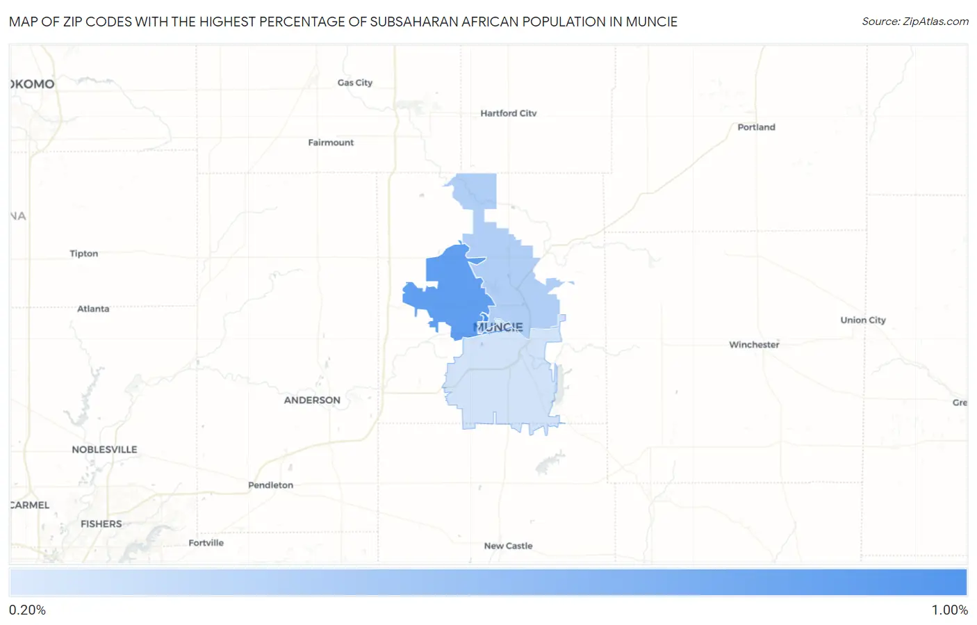 Zip Codes with the Highest Percentage of Subsaharan African Population in Muncie Map