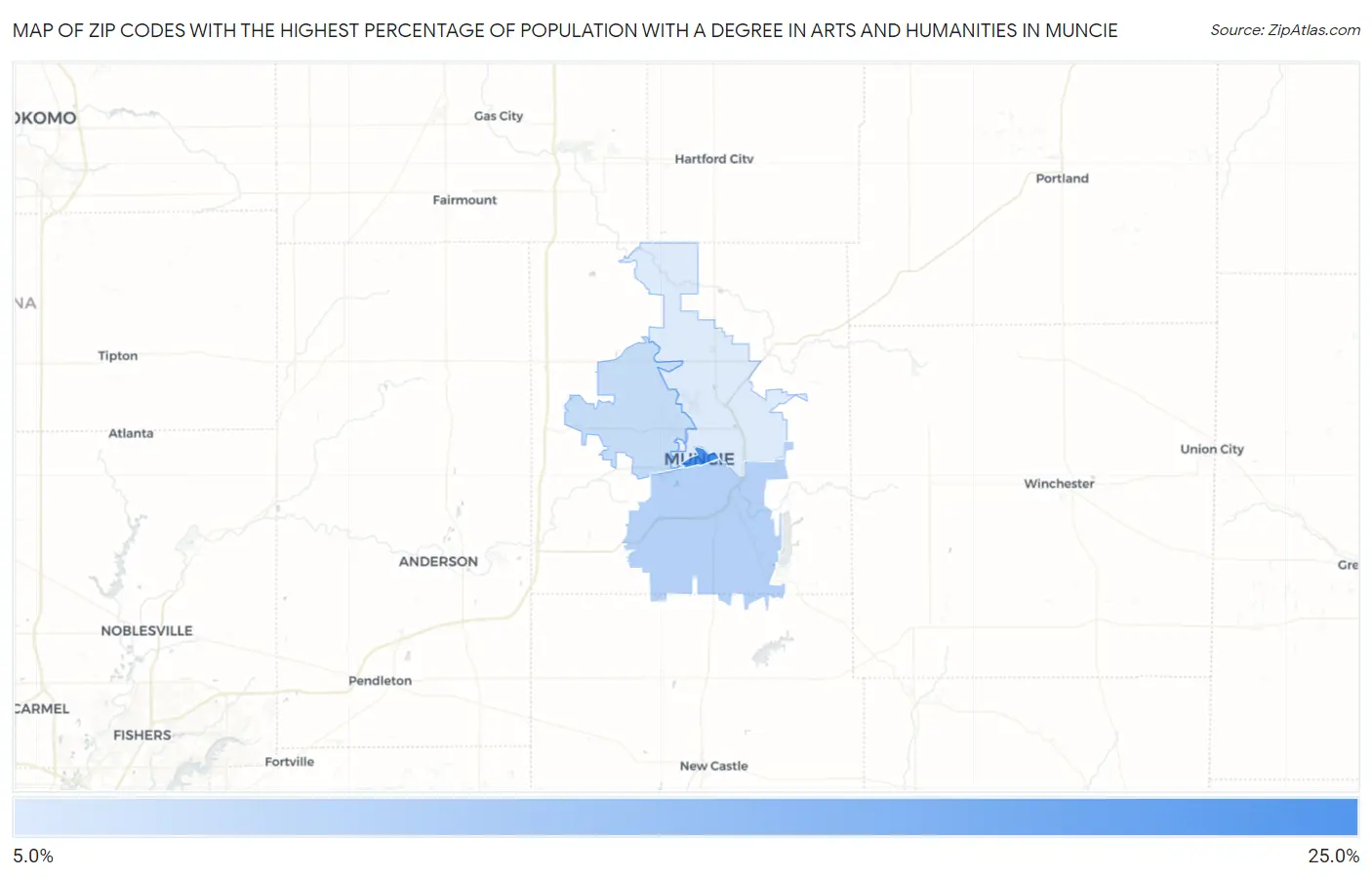 Zip Codes with the Highest Percentage of Population with a Degree in Arts and Humanities in Muncie Map