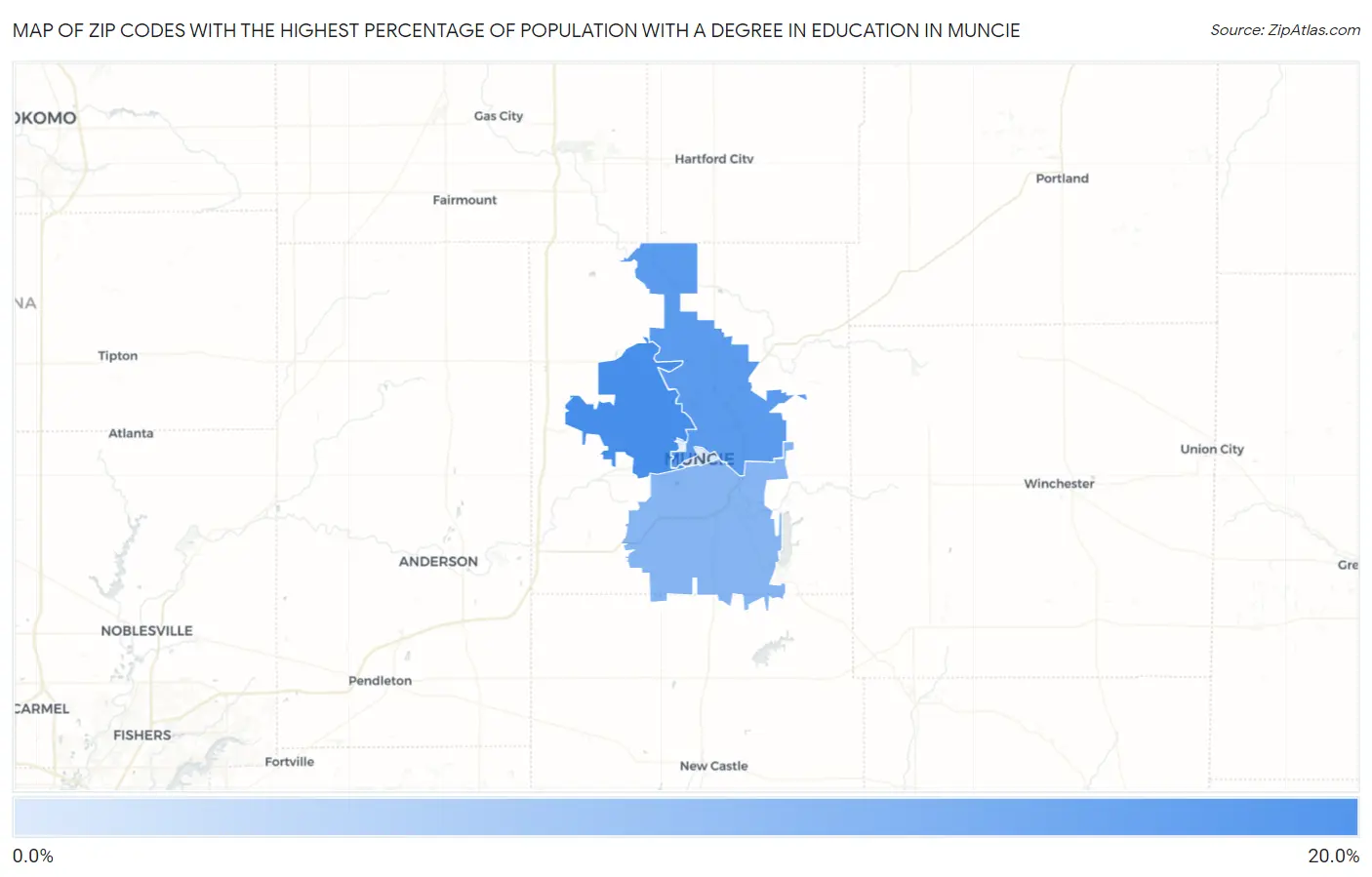 Zip Codes with the Highest Percentage of Population with a Degree in Education in Muncie Map