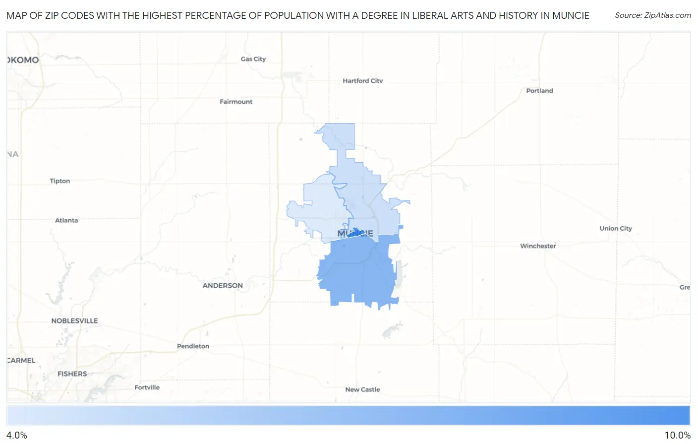 Zip Codes with the Highest Percentage of Population with a Degree in Liberal Arts and History in Muncie Map