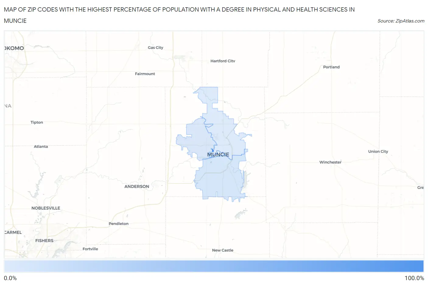 Zip Codes with the Highest Percentage of Population with a Degree in Physical and Health Sciences in Muncie Map