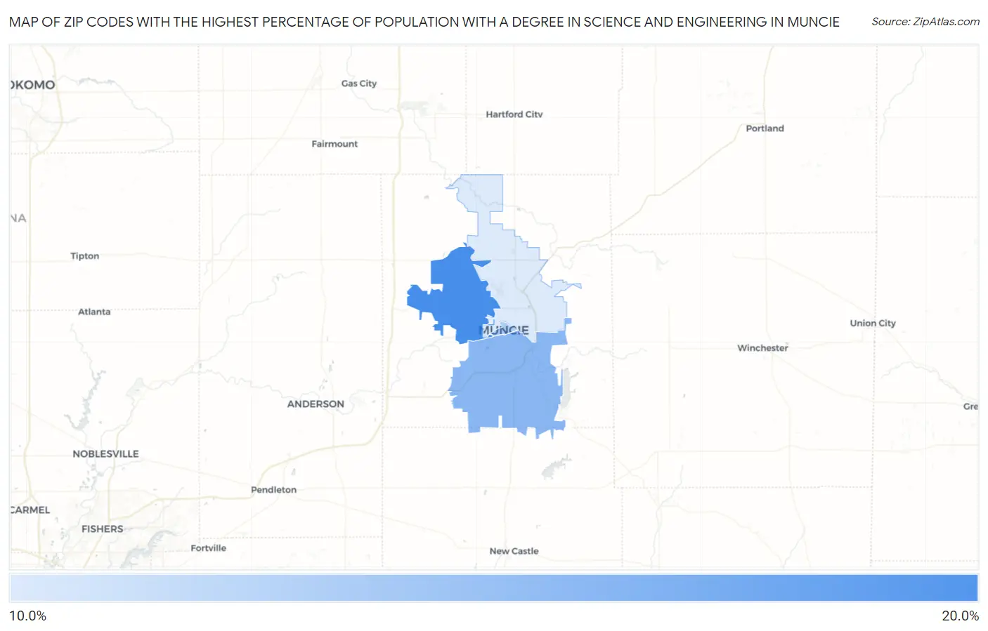 Zip Codes with the Highest Percentage of Population with a Degree in Science and Engineering in Muncie Map