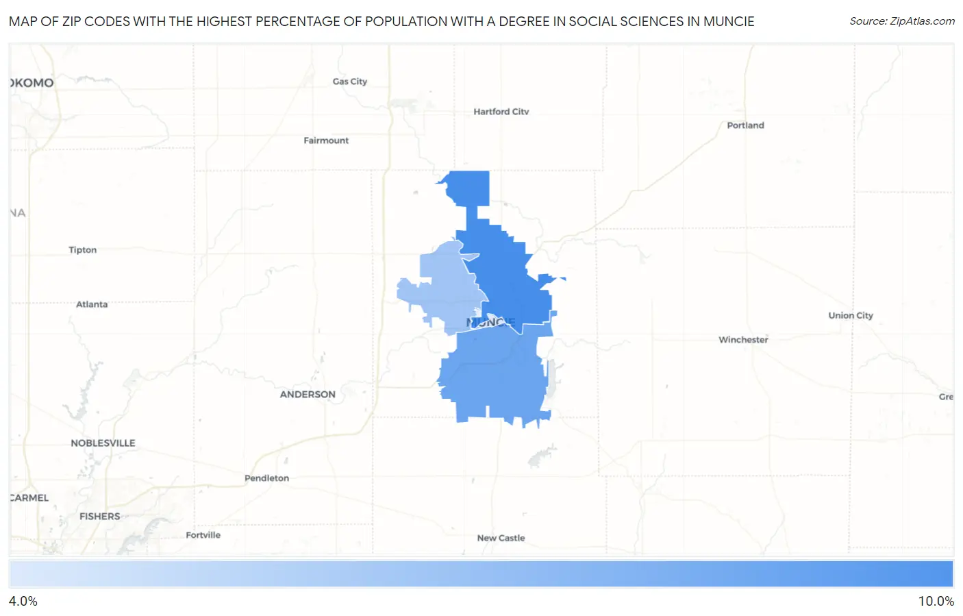 Zip Codes with the Highest Percentage of Population with a Degree in Social Sciences in Muncie Map