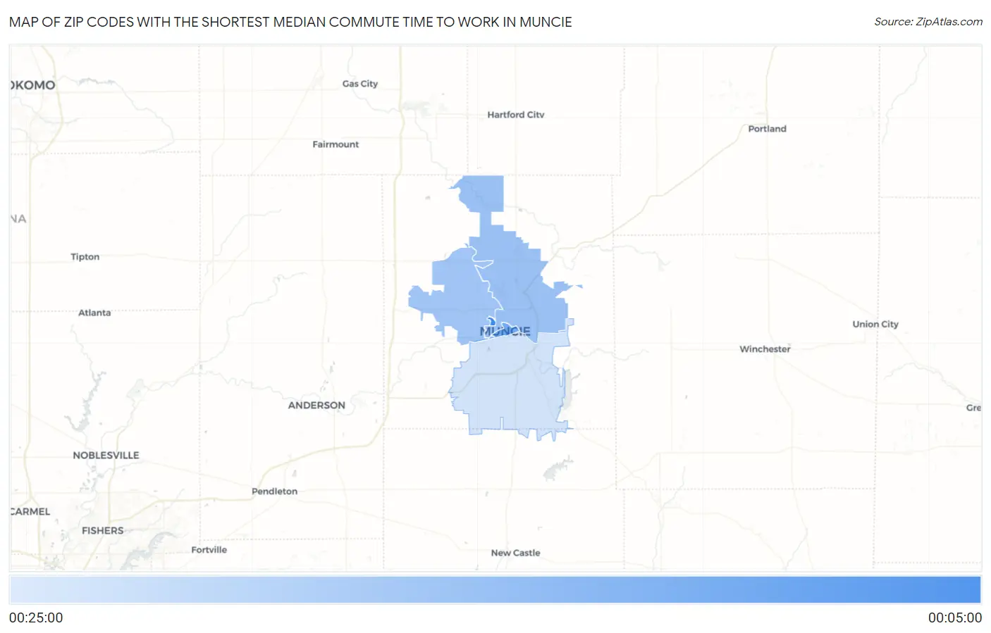 Zip Codes with the Shortest Median Commute Time to Work in Muncie Map