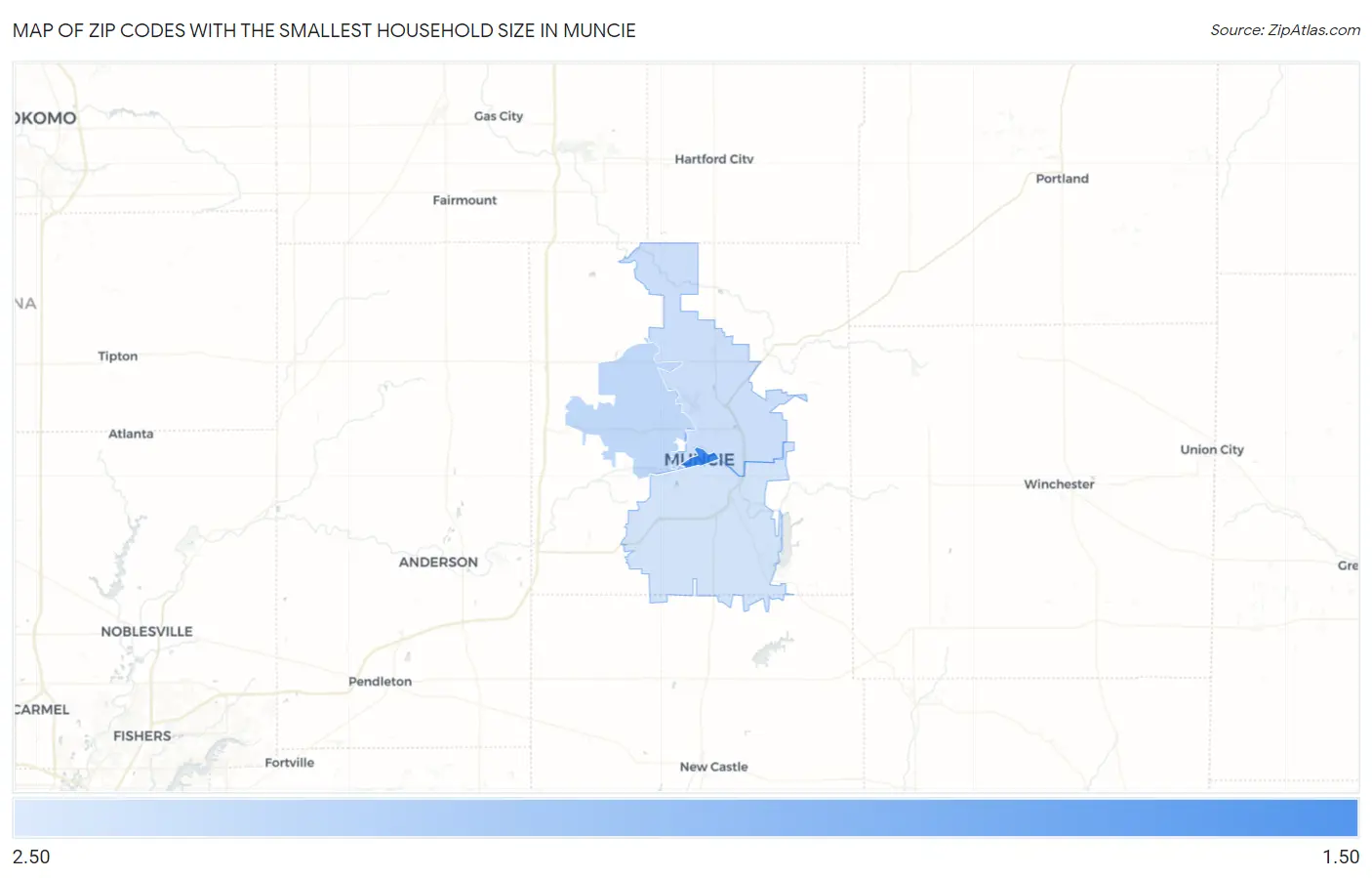Zip Codes with the Smallest Household Size in Muncie Map