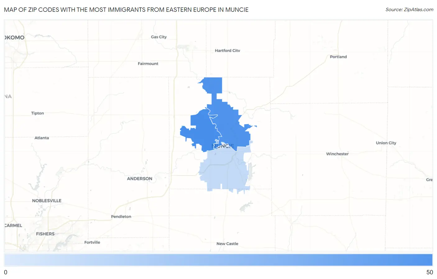 Zip Codes with the Most Immigrants from Eastern Europe in Muncie Map