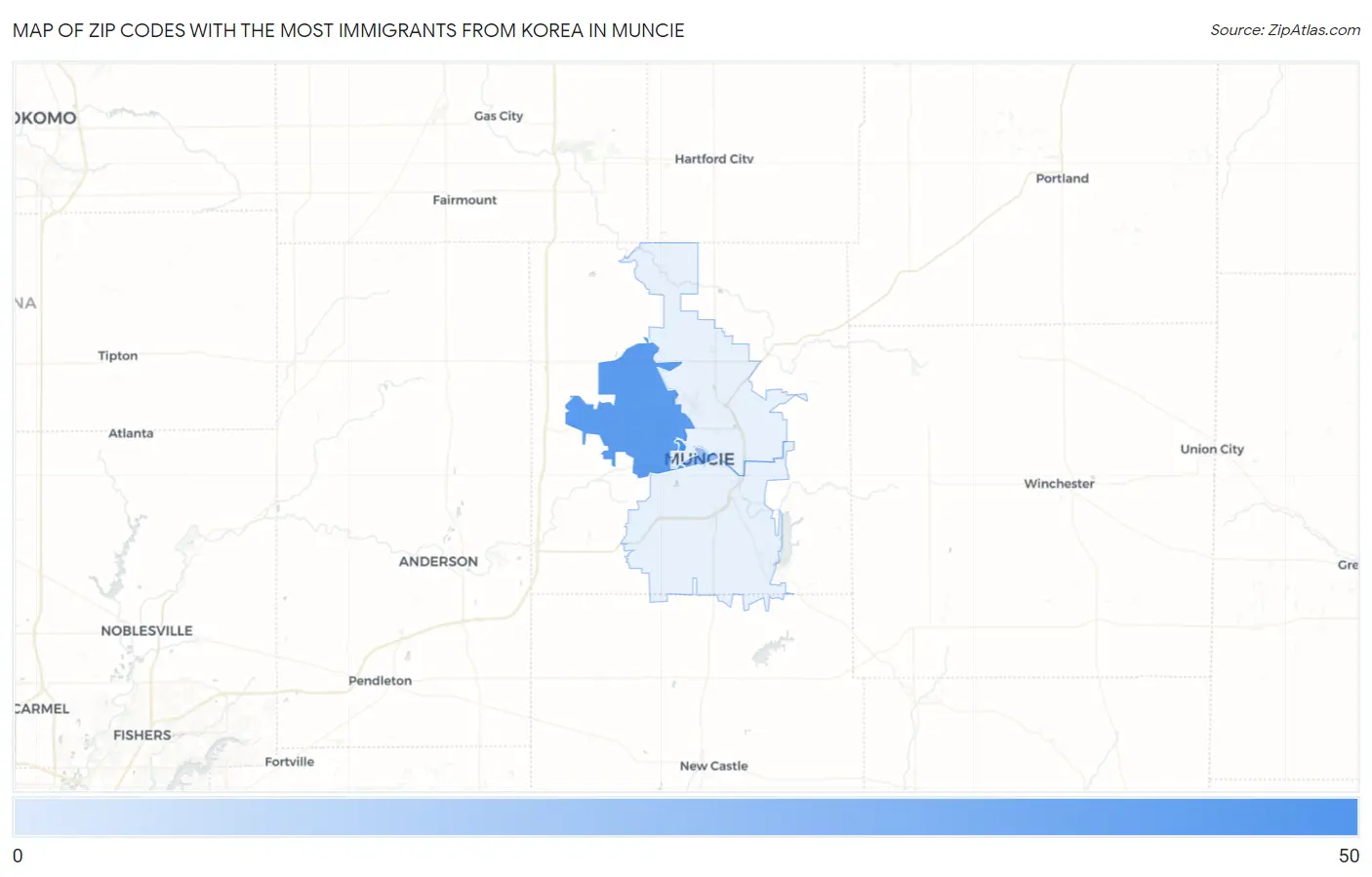 Zip Codes with the Most Immigrants from Korea in Muncie Map