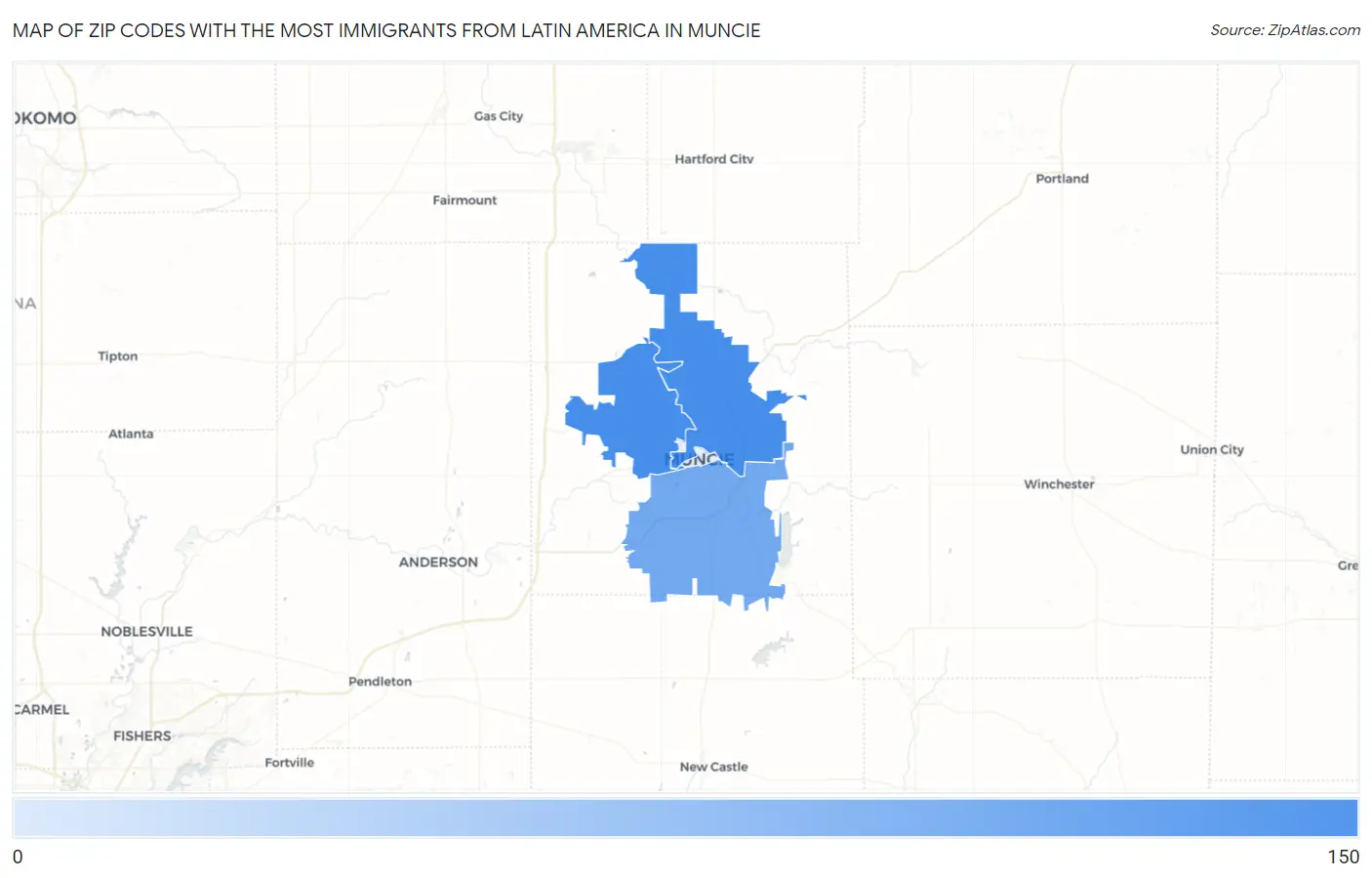 Zip Codes with the Most Immigrants from Latin America in Muncie Map