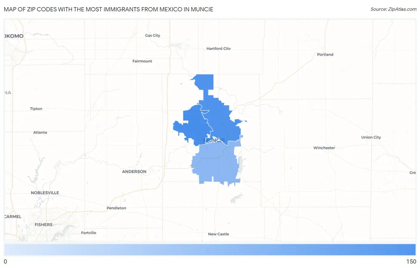 Zip Codes with the Most Immigrants from Mexico in Muncie Map
