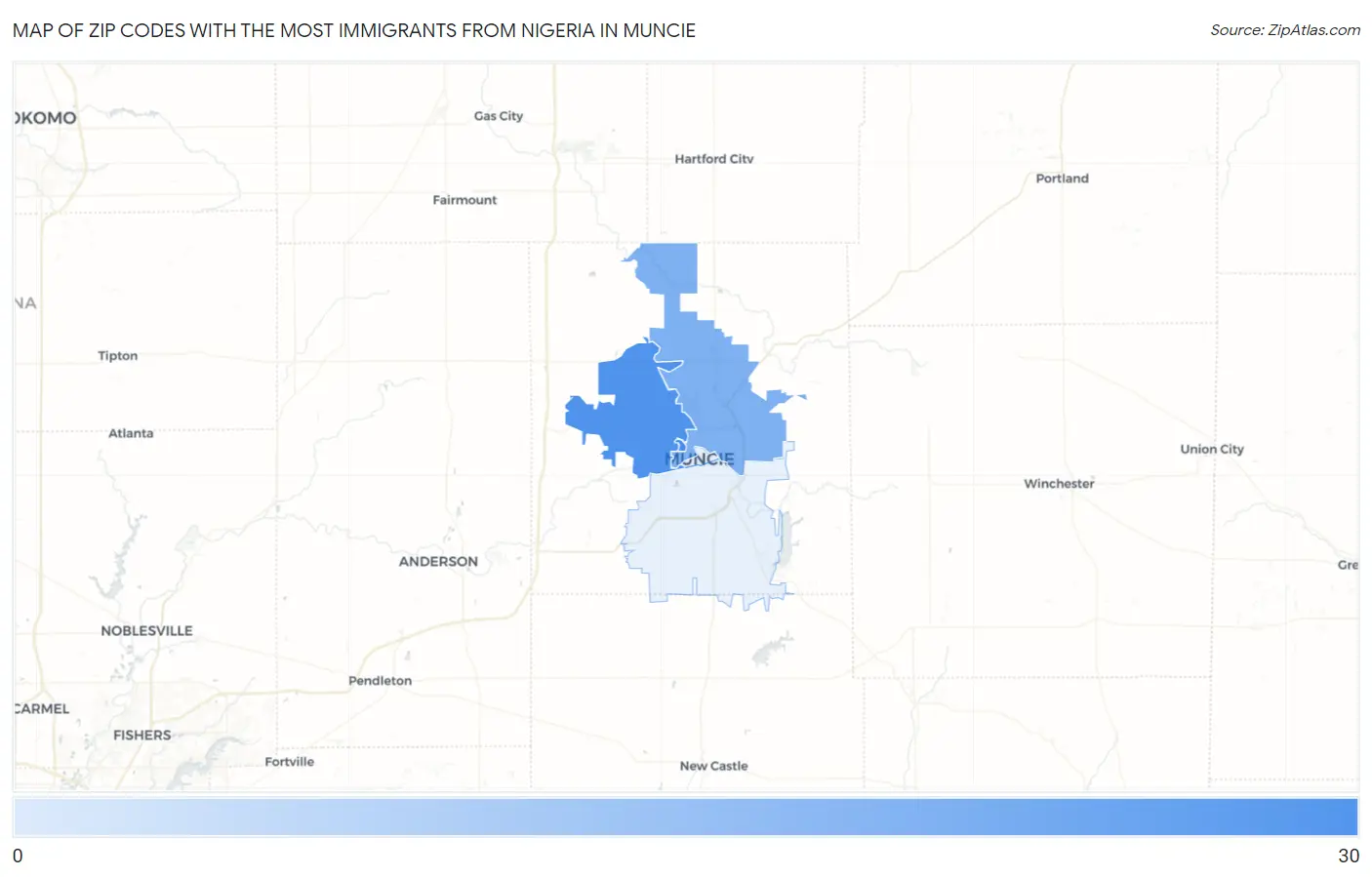 Zip Codes with the Most Immigrants from Nigeria in Muncie Map