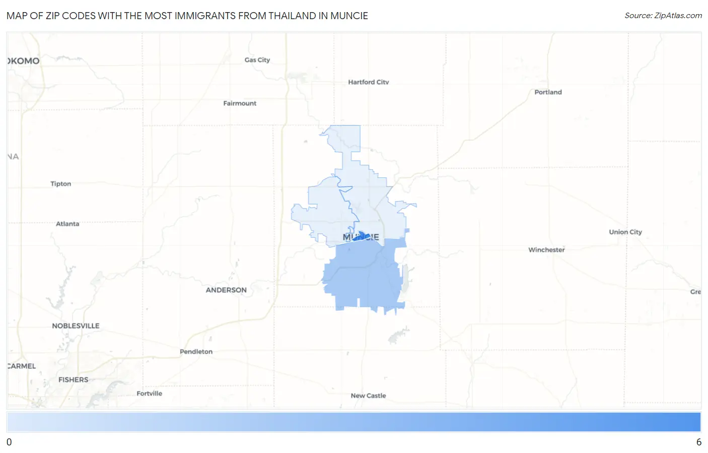 Zip Codes with the Most Immigrants from Thailand in Muncie Map