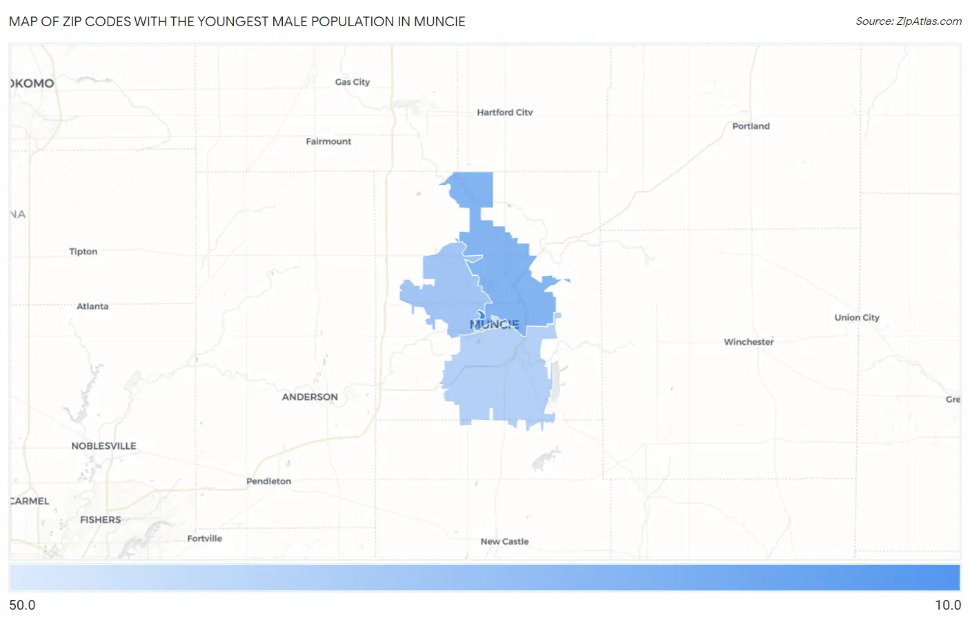 Zip Codes with the Youngest Male Population in Muncie Map