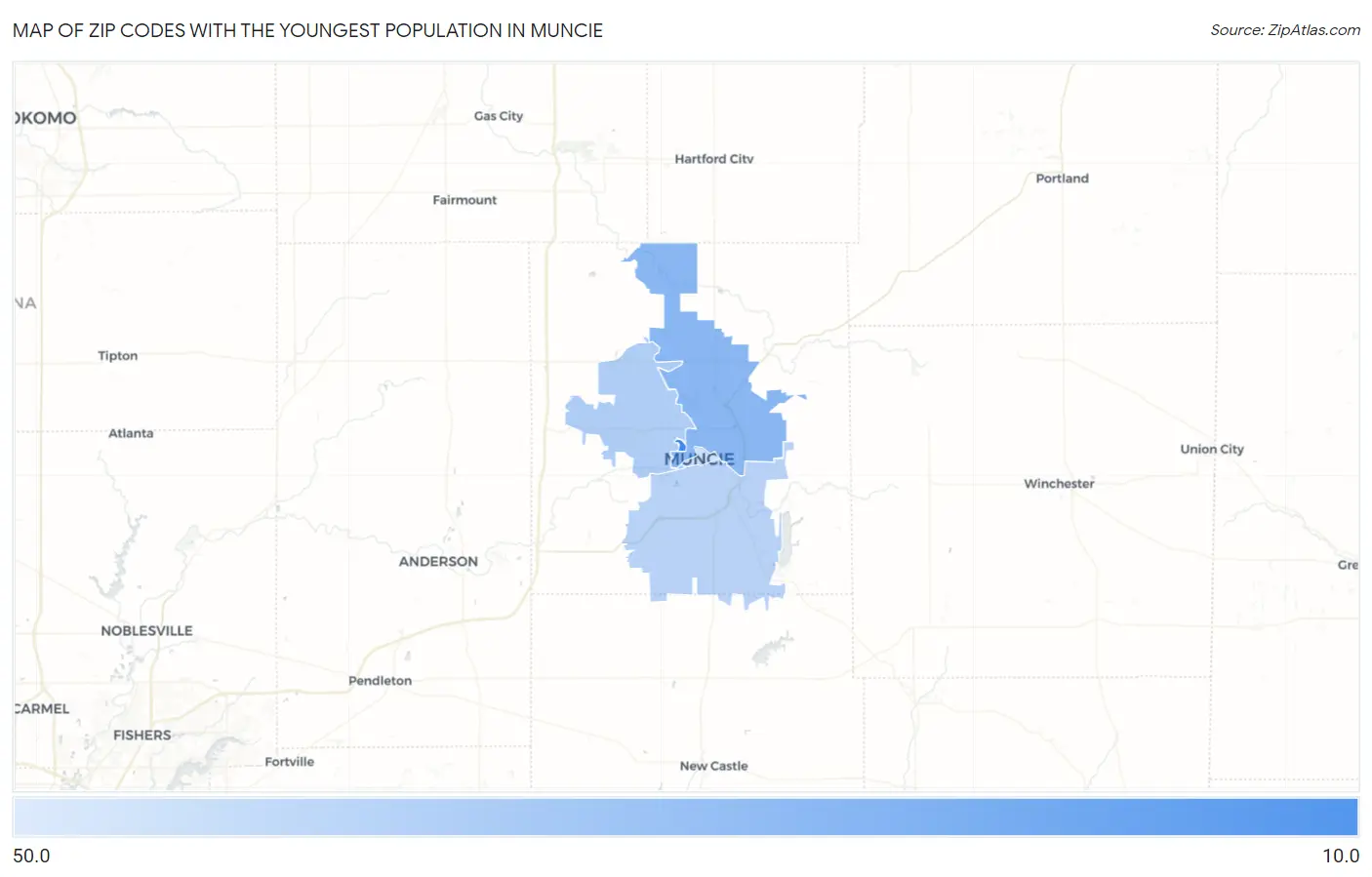 Zip Codes with the Youngest Population in Muncie Map