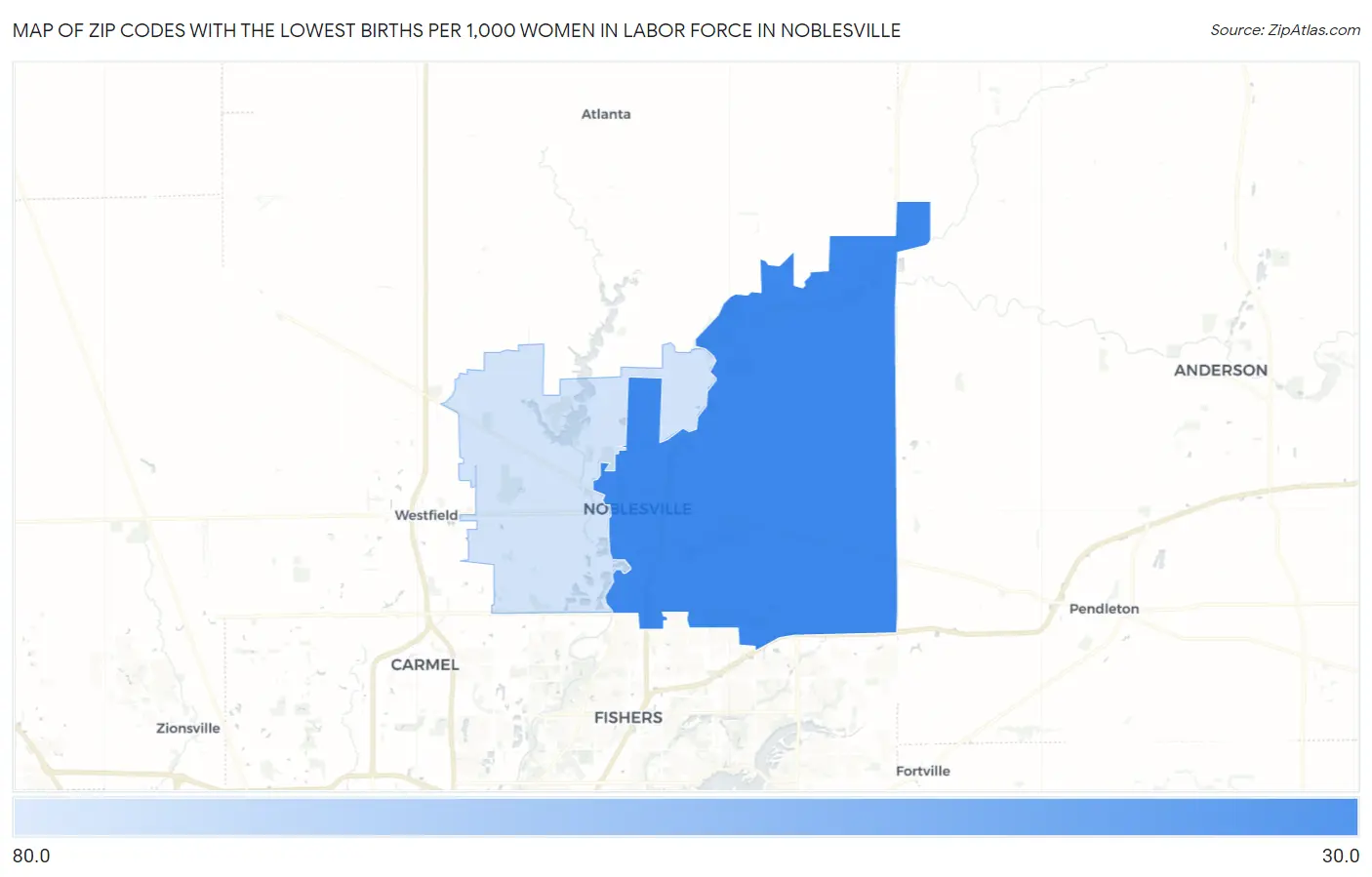 Zip Codes with the Lowest Births per 1,000 Women in Labor Force in Noblesville Map