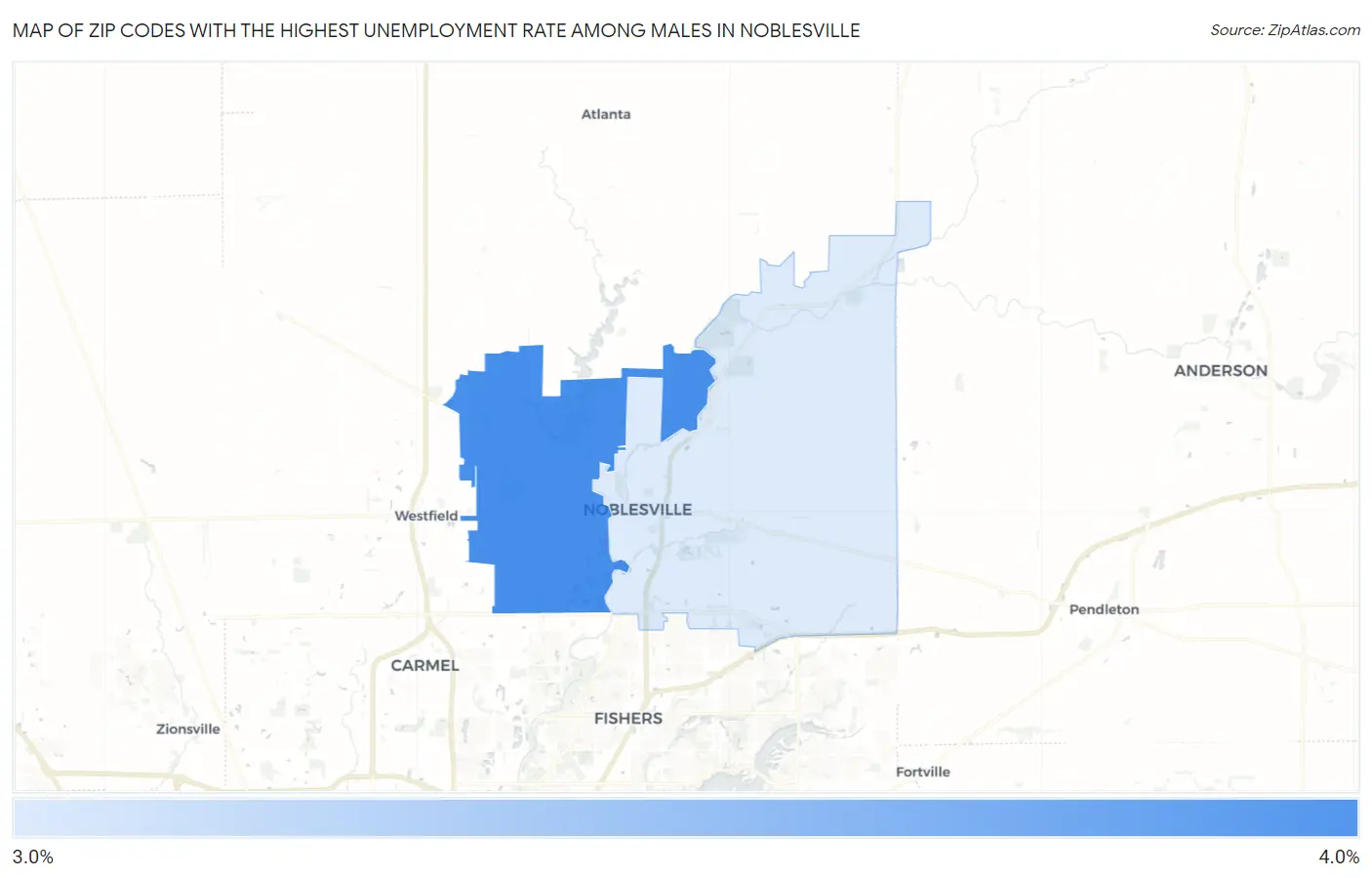 Zip Codes with the Highest Unemployment Rate Among Males in Noblesville Map
