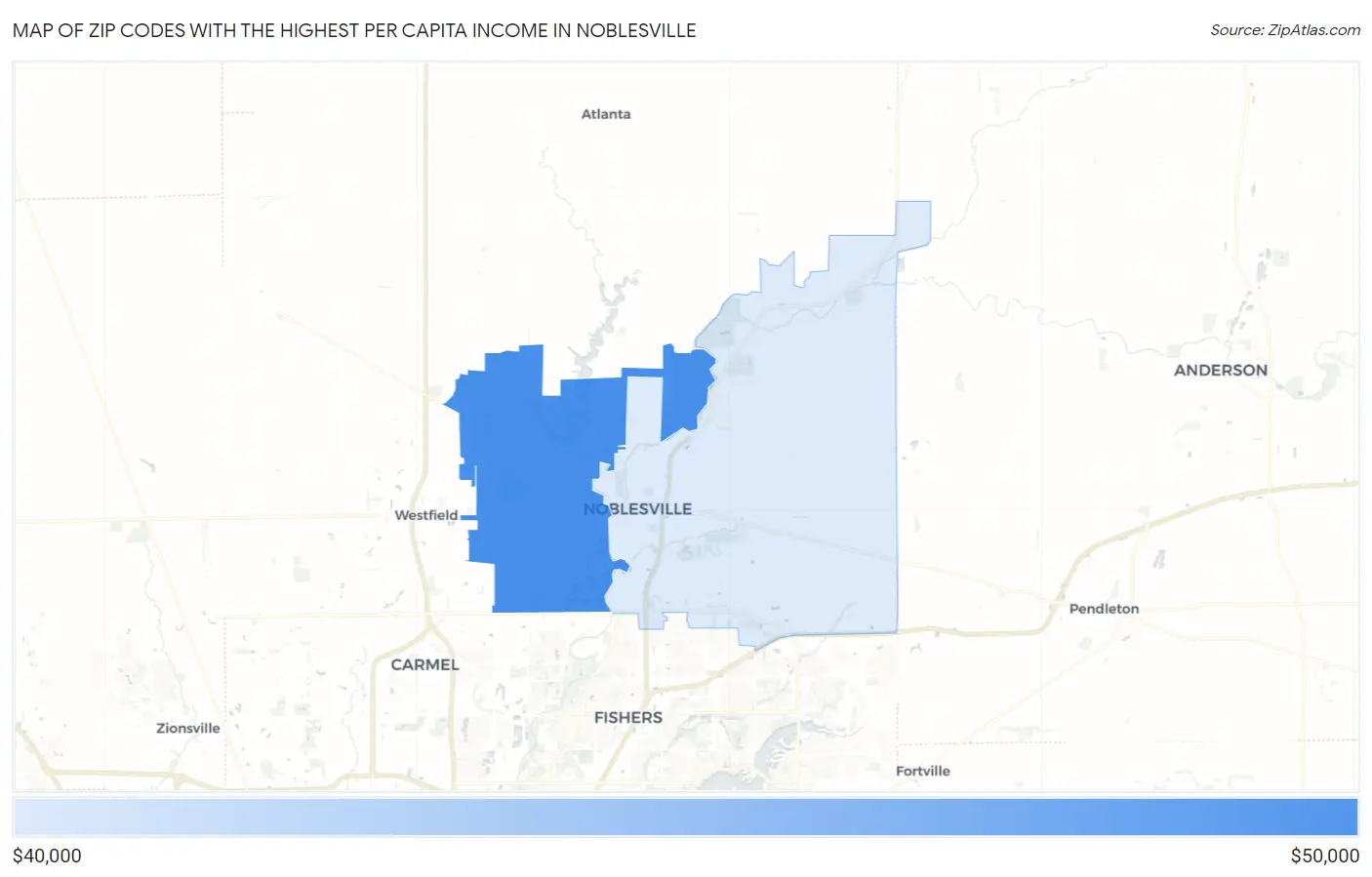 Zip Codes with the Highest Per Capita Income in Noblesville Map