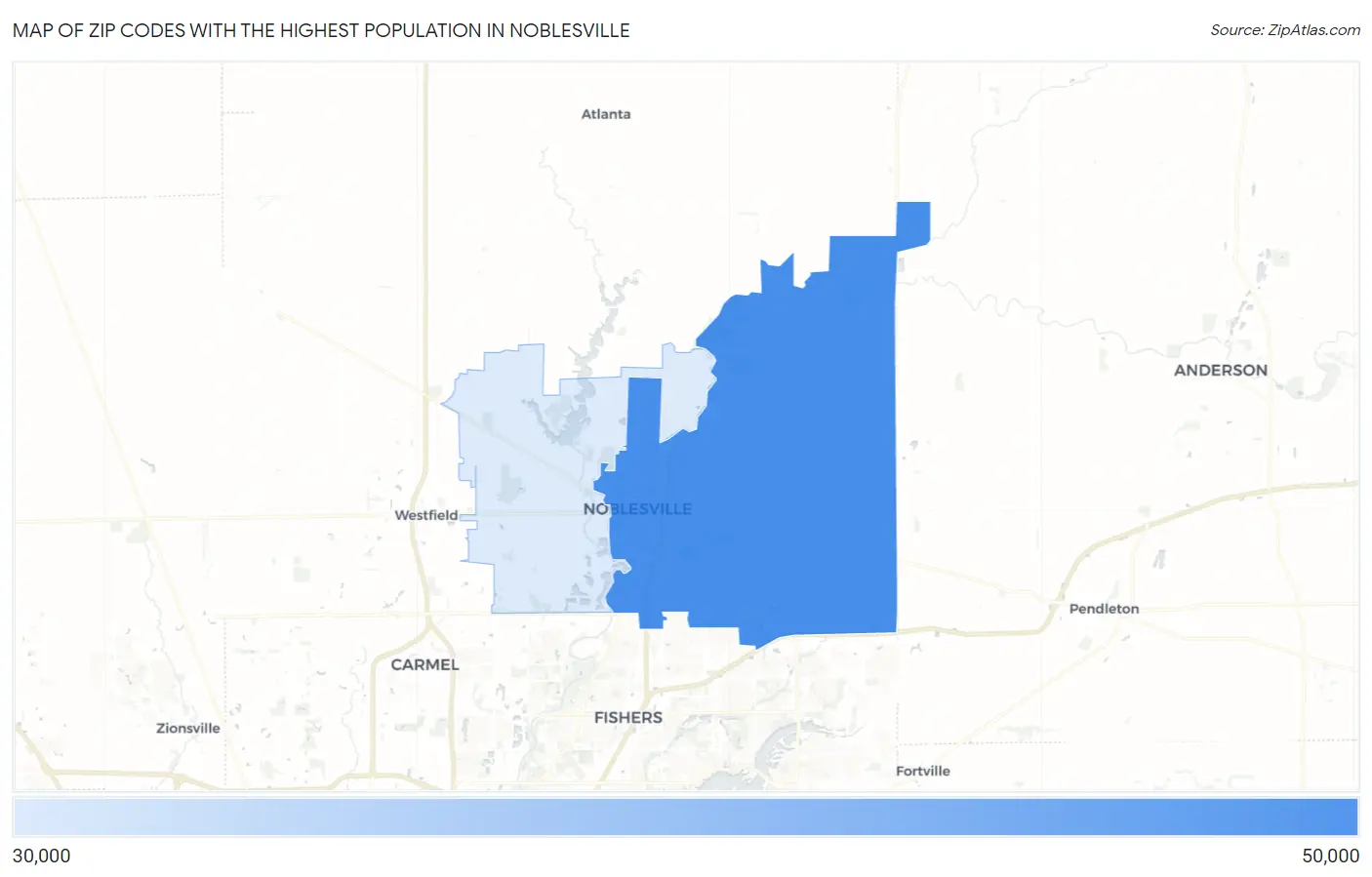 Zip Codes with the Highest Population in Noblesville Map