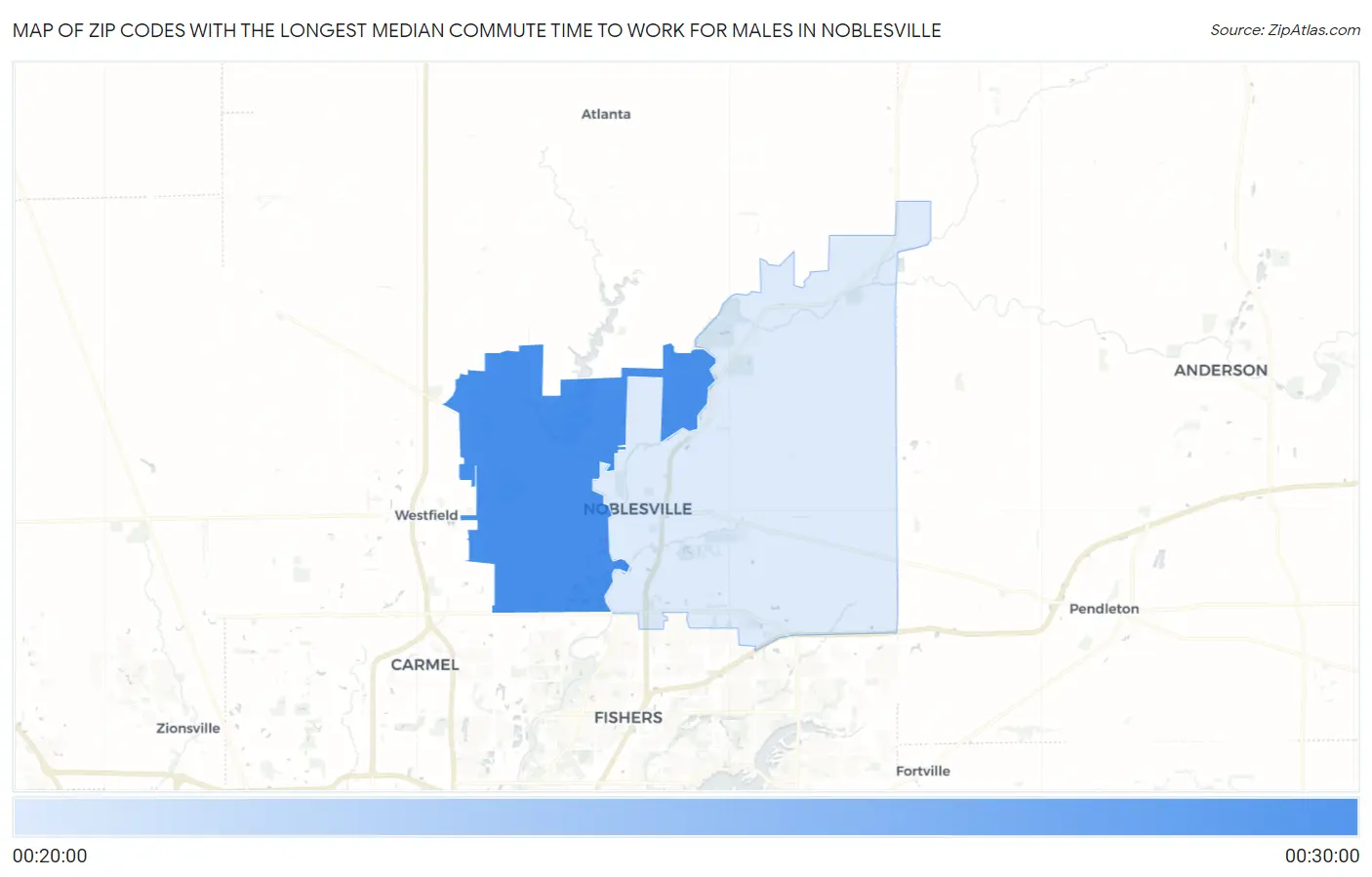 Zip Codes with the Longest Median Commute Time to Work for Males in Noblesville Map