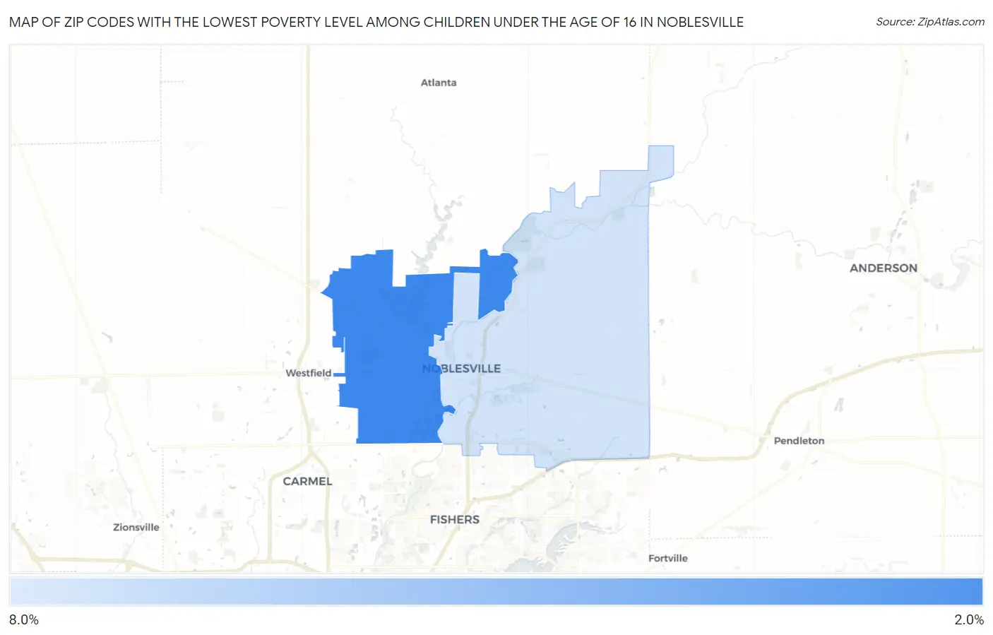 Zip Codes with the Lowest Poverty Level Among Children Under the Age of 16 in Noblesville Map